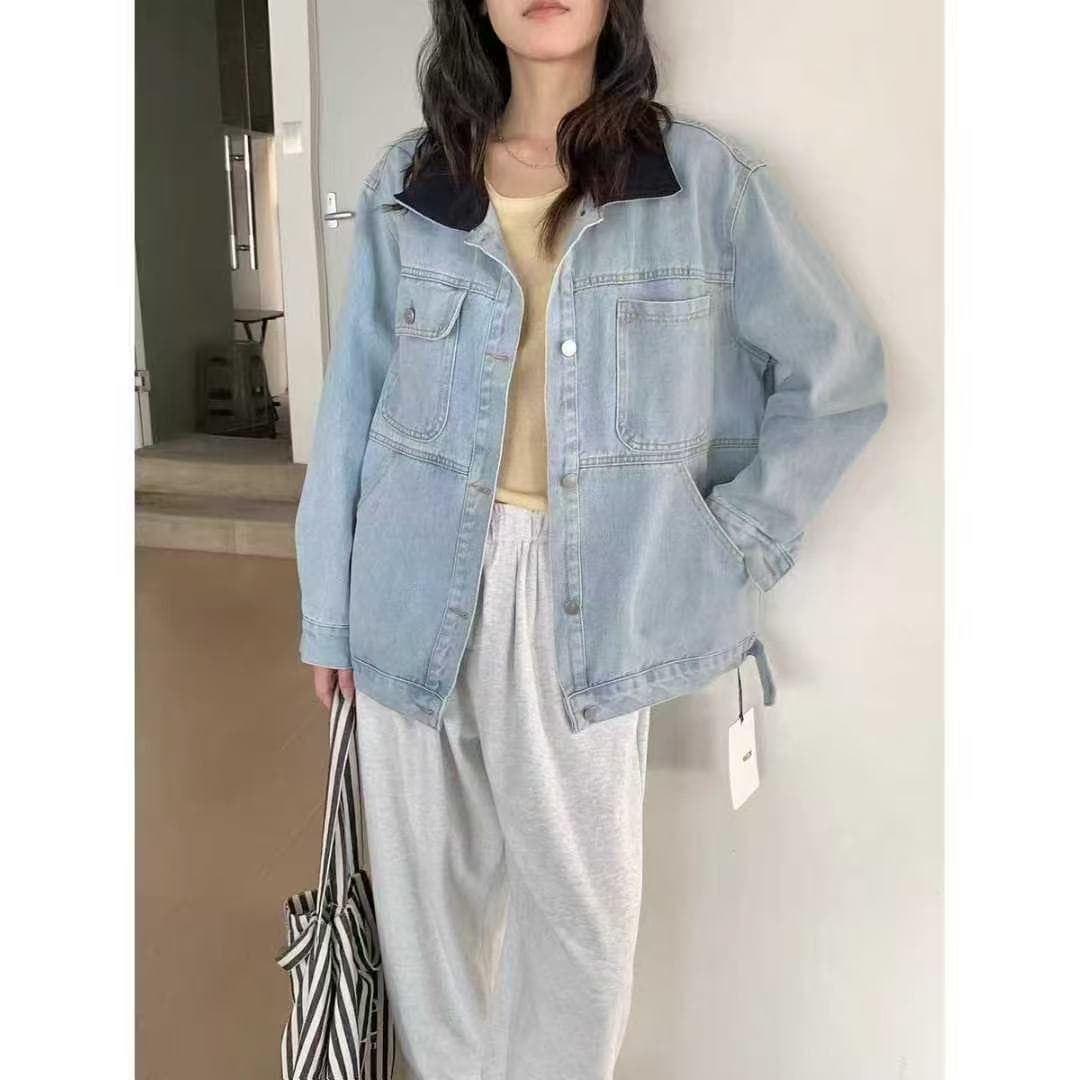한 부서 데님 여성 코트 가을 고급 센스 레트로 마 오래된 배색 바 En 바람 폴로 칼라 루즈핏 느긋한 바람 재킷 상세 이미지 8