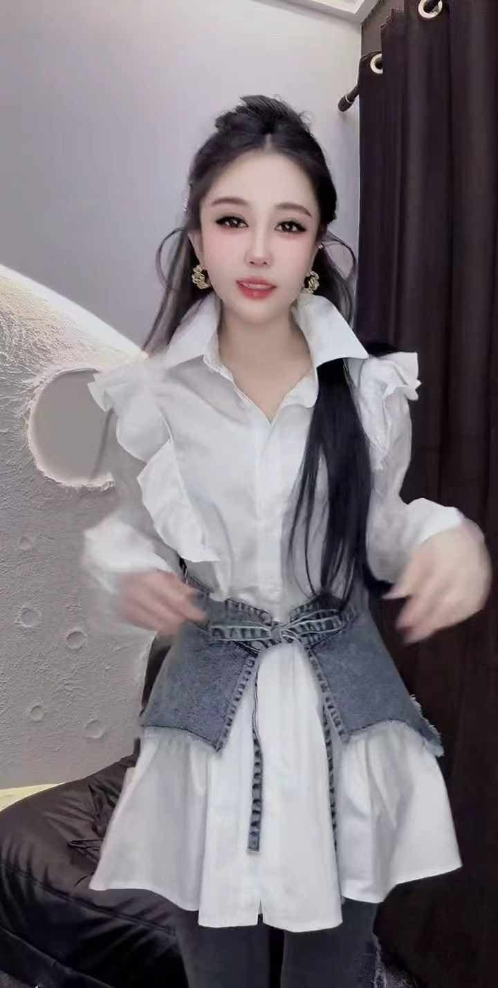 디자인 센스 거품 소매 셔츠 데님 허리 인감 두 조각 여성 세트 가을 겨울철 새로운 몸매 가꾸기 다용도 패션 세트 트렌디 상세 이미지 2
