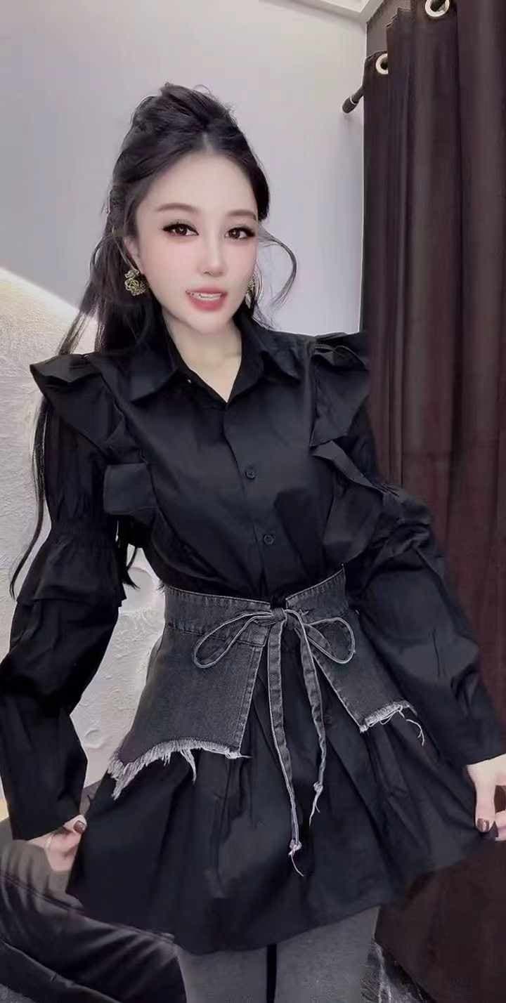 디자인 센스 거품 소매 셔츠 데님 허리 인감 두 조각 여성 세트 가을 겨울철 새로운 몸매 가꾸기 다용도 패션 세트 트렌디 상세 이미지 5