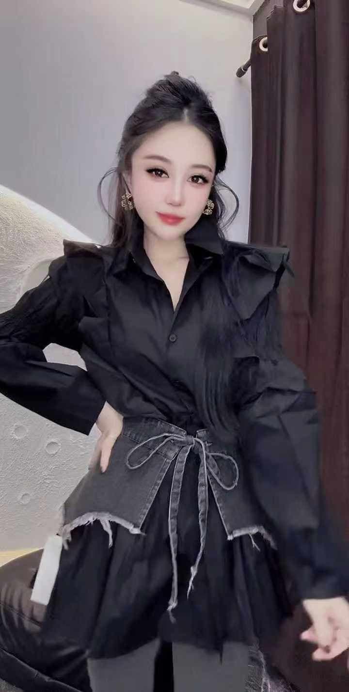 디자인 센스 거품 소매 셔츠 데님 허리 인감 두 조각 여성 세트 가을 겨울철 새로운 몸매 가꾸기 다용도 패션 세트 트렌디 상세 이미지 8