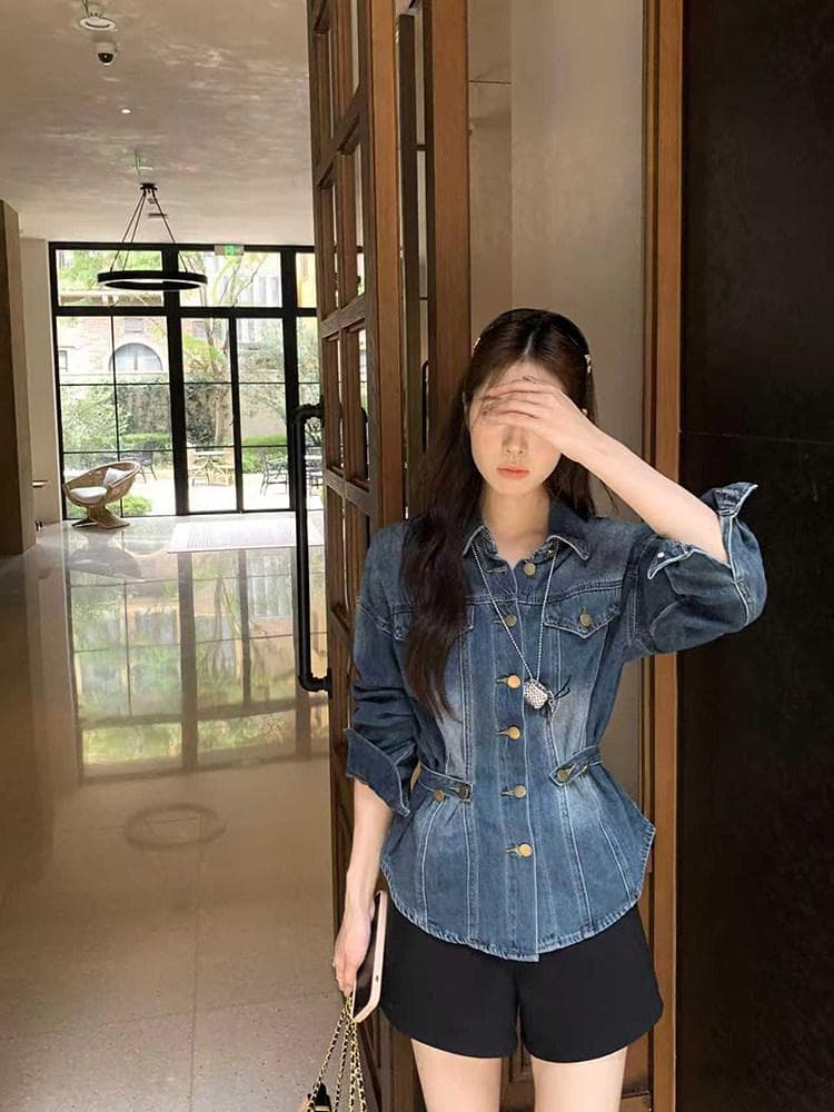 우 77 오버레이 고대 파란색 꼬집기 허리 데님 여성 코트 한국 스타일 폴로 칼라 긍정적 인 어깨 슬림해 보이는 중간 길이 출퇴근 맨위 가을 상세 이미지 1