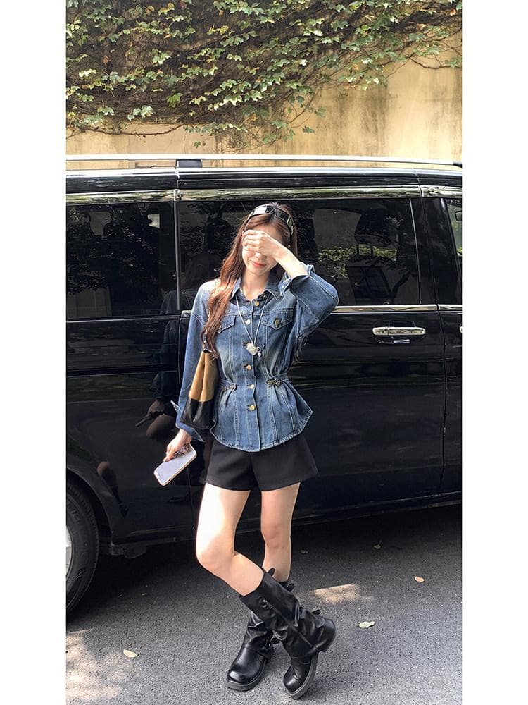 우 77 오버레이 고대 파란색 꼬집기 허리 데님 여성 코트 한국 스타일 폴로 칼라 긍정적 인 어깨 슬림해 보이는 중간 길이 출퇴근 맨위 가을 상세 이미지 2
