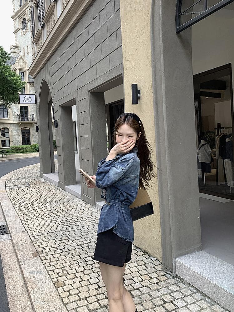 우 77 오버레이 고대 파란색 꼬집기 허리 데님 여성 코트 한국 스타일 폴로 칼라 긍정적 인 어깨 슬림해 보이는 중간 길이 출퇴근 맨위 가을 상세 이미지 3