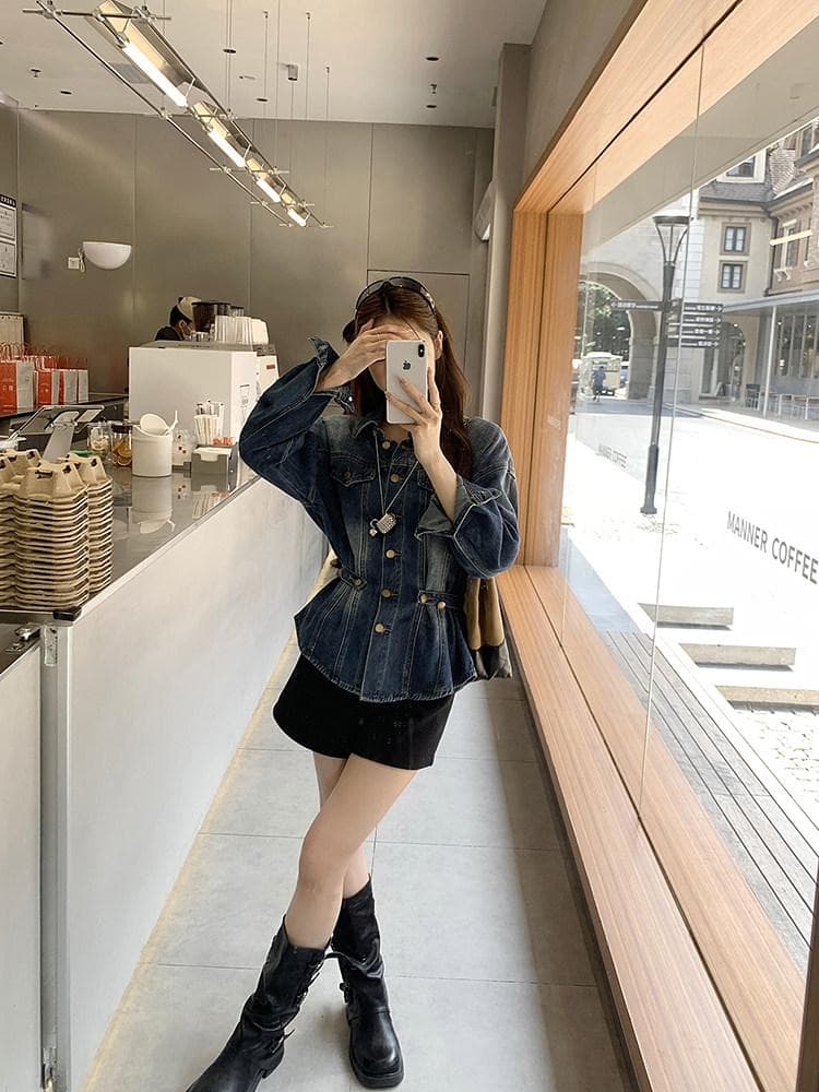 우 77 오버레이 고대 파란색 꼬집기 허리 데님 여성 코트 한국 스타일 폴로 칼라 긍정적 인 어깨 슬림해 보이는 중간 길이 출퇴근 맨위 가을 상세 이미지 5