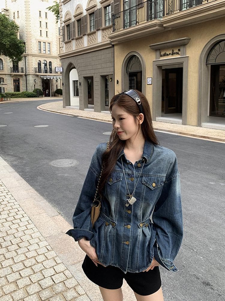 우 77 오버레이 고대 파란색 꼬집기 허리 데님 여성 코트 한국 스타일 폴로 칼라 긍정적 인 어깨 슬림해 보이는 중간 길이 출퇴근 맨위 가을 상세 이미지 6