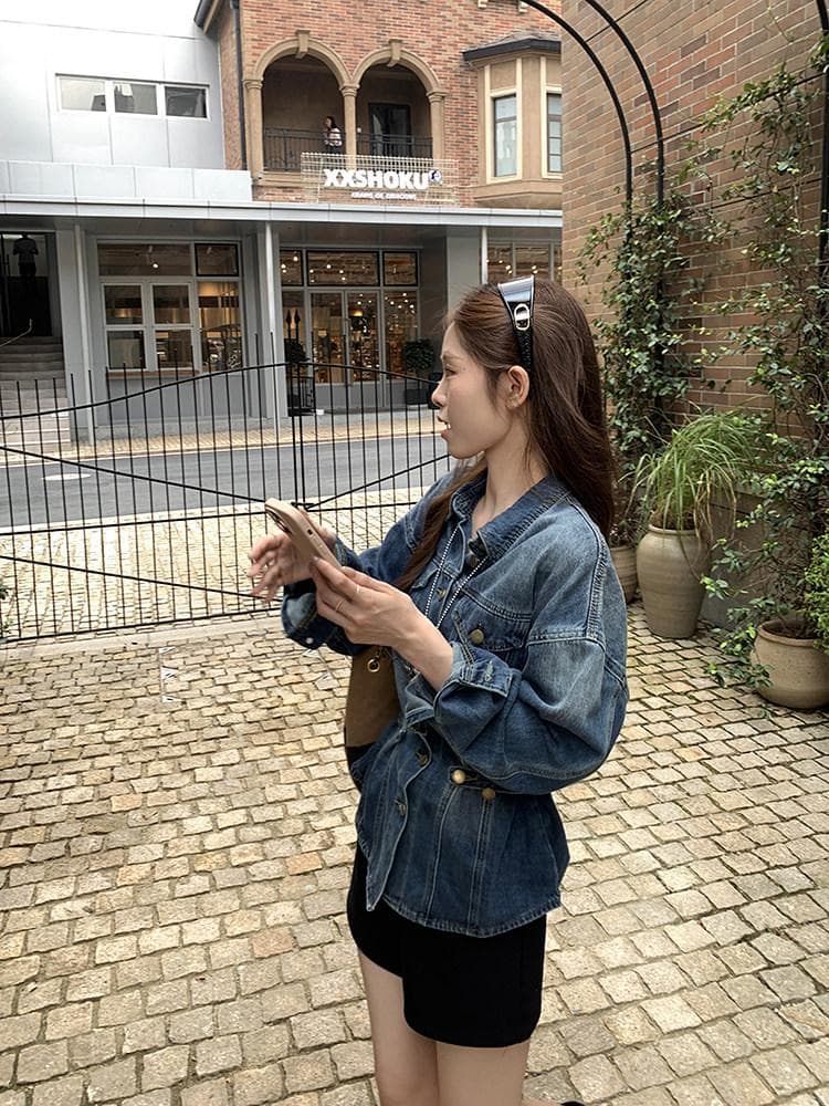 우 77 오버레이 고대 파란색 꼬집기 허리 데님 여성 코트 한국 스타일 폴로 칼라 긍정적 인 어깨 슬림해 보이는 중간 길이 출퇴근 맨위 가을 상세 이미지 9