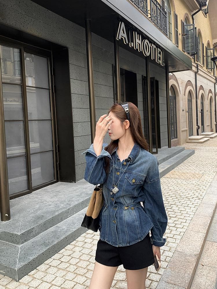 우 77 오버레이 고대 파란색 꼬집기 허리 데님 여성 코트 한국 스타일 폴로 칼라 긍정적 인 어깨 슬림해 보이는 중간 길이 출퇴근 맨위 가을 상세 이미지 10