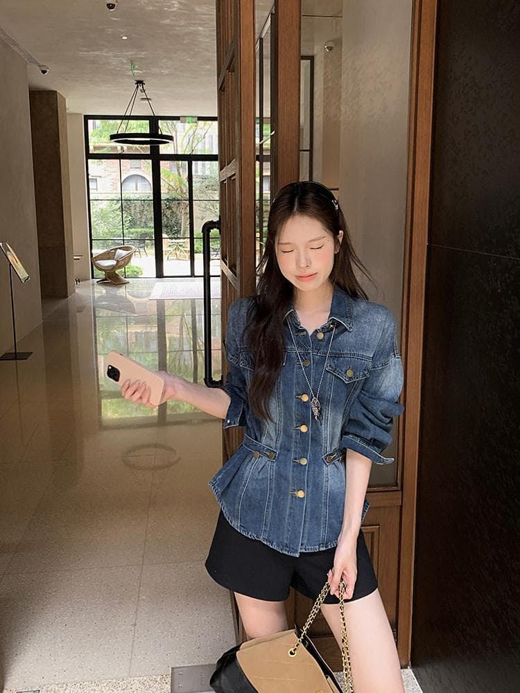 우 77 오버레이 고대 파란색 꼬집기 허리 데님 여성 코트 한국 스타일 폴로 칼라 긍정적 인 어깨 슬림해 보이는 중간 길이 출퇴근 맨위 가을 상세 이미지 12