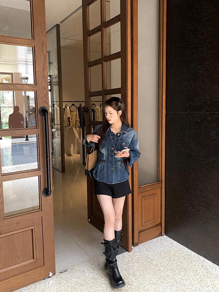 우 77 오버레이 고대 파란색 꼬집기 허리 데님 여성 코트 한국 스타일 폴로 칼라 긍정적 인 어깨 슬림해 보이는 중간 길이 출퇴근 맨위 가을 상세 이미지 14