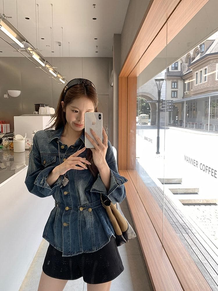 우 77 오버레이 고대 파란색 꼬집기 허리 데님 여성 코트 한국 스타일 폴로 칼라 긍정적 인 어깨 슬림해 보이는 중간 길이 출퇴근 맨위 가을 상세 이미지 15