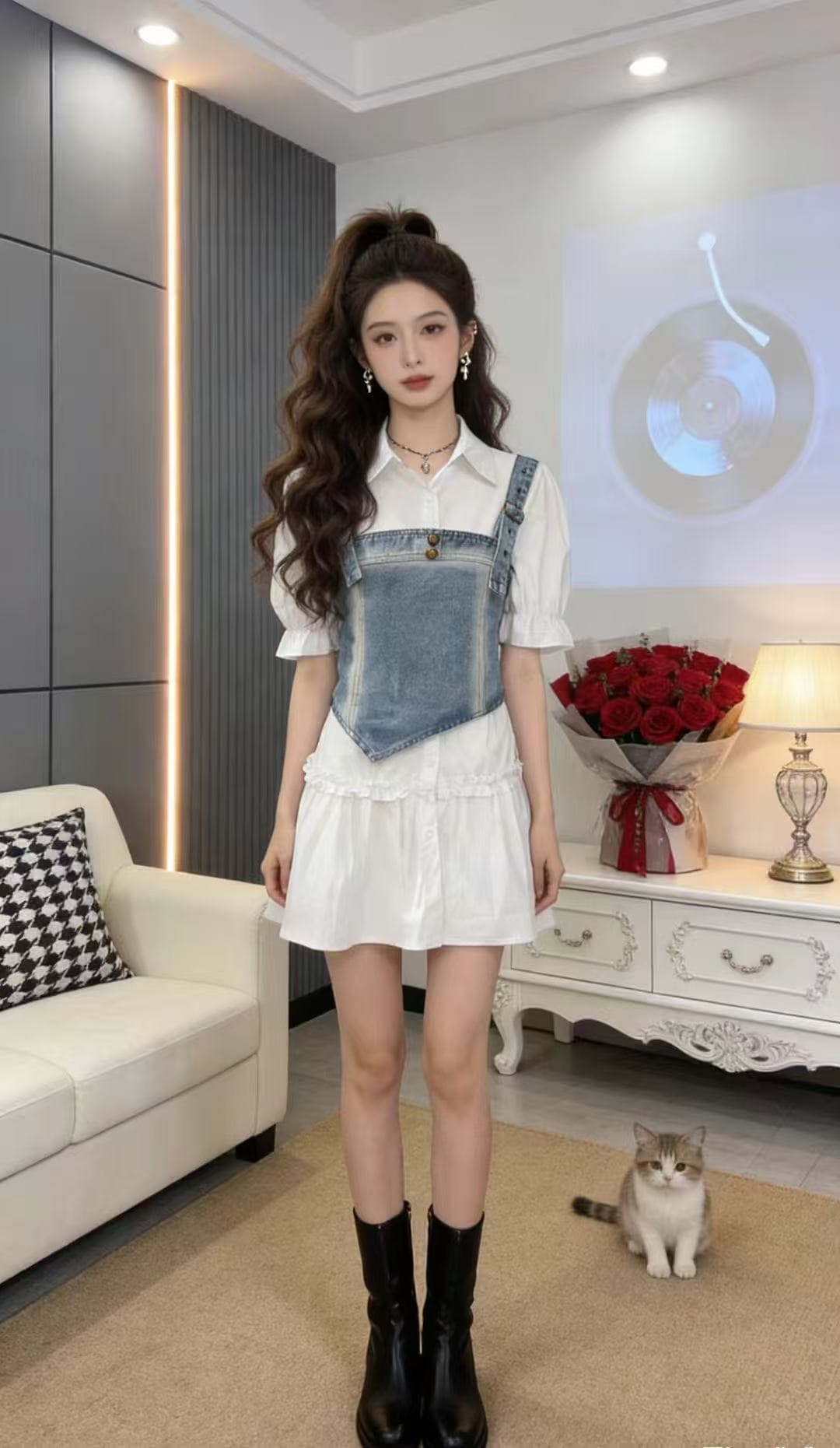 한국 스타일 학원 스타일 데님 캐미솔 디자인 센스 작은 대중 외출용 셔츠 점프 슈트 치마 투피스 슈트 여성 여름 상세 이미지 2