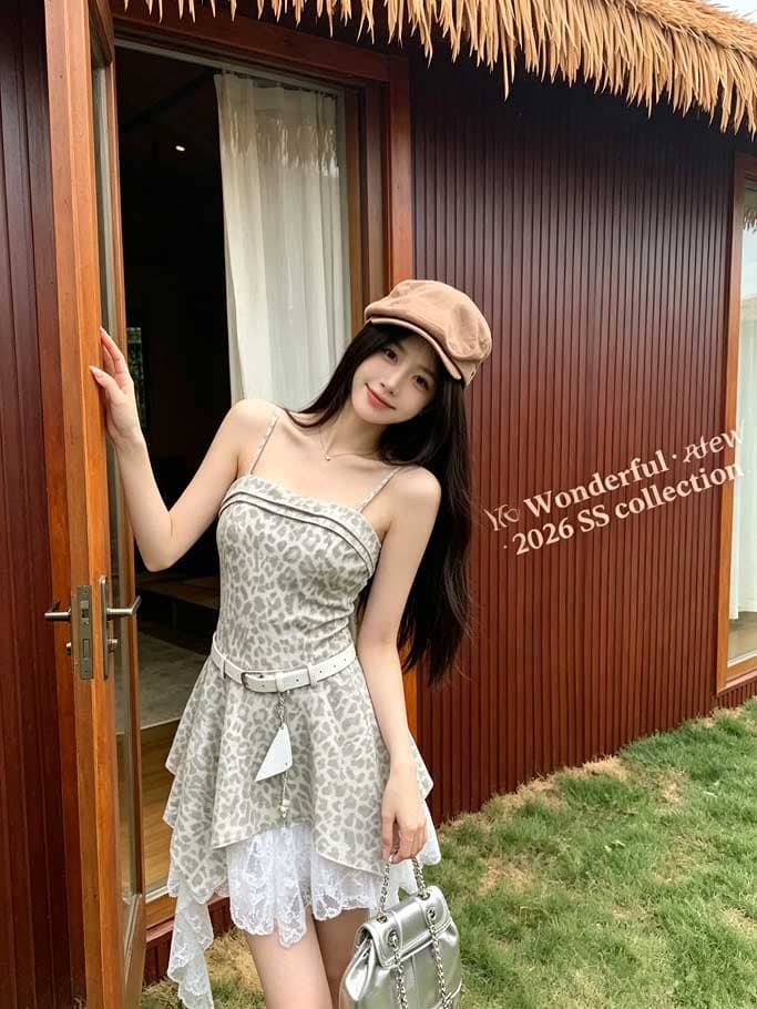 순수한 욕망 핫걸 밝은 회색 레오파드 무늬 슬립 드레스 허리 수축 슬림해 보이는 불규칙 레이스 조각 퍼프 미니 스커트 상세 이미지 3