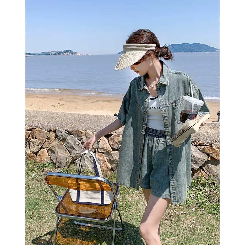 2026 여름 새로운 항구 바람 고급 센스 튀김 거리 반팔 데님 셔츠 반바지 세트 여성 작은 키 투피스 세트