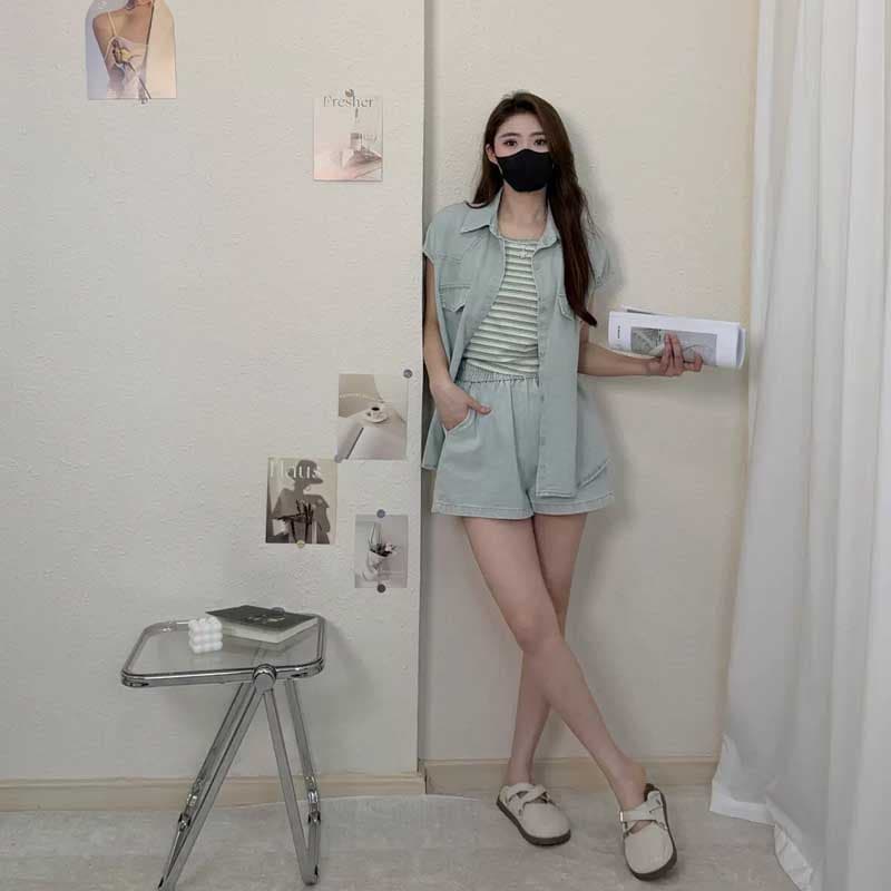 미니멀리즘 스트라이프 캐주얼 조끼 레트로 워싱 다용도 데님 재킷 데님 반바지 3종 세트 세트 이미지 4
