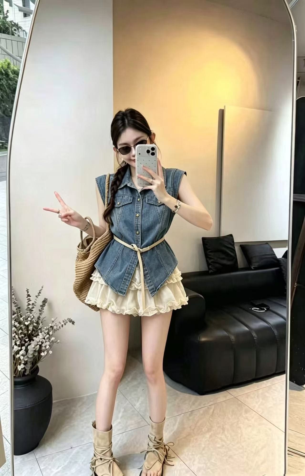 한 부서 레트로 허리 수축 워싱 다용도 데님 민소매 맨위 하이웨이스트 프릴 슬림해 보이는 반신 스커트 두 조각 여성 세트 상세 이미지 2