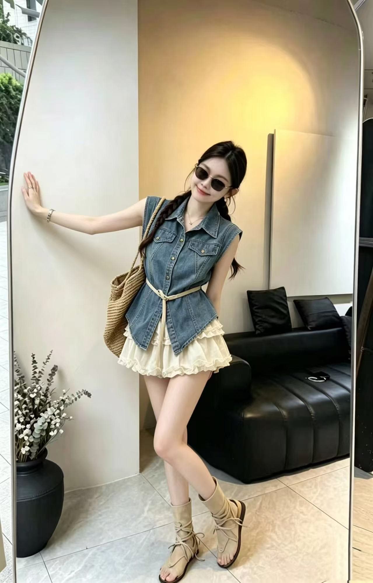 한 부서 레트로 허리 수축 워싱 다용도 데님 민소매 맨위 하이웨이스트 프릴 슬림해 보이는 반신 스커트 두 조각 여성 세트 상세 이미지 6