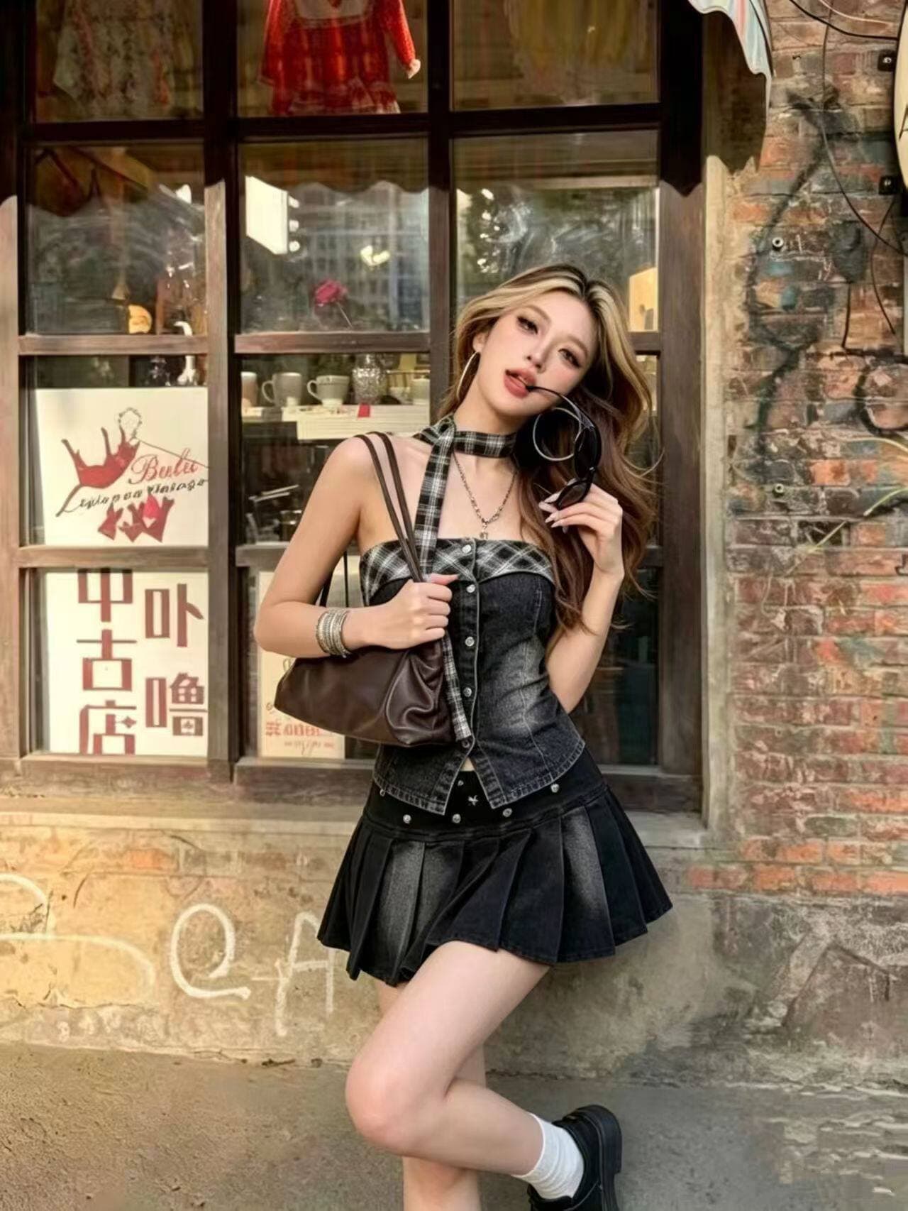 아메리칸 핫걸 데님 세트 여름 체크무늬 패치워크 행침 목 튜브탑 맨위 하이웨이스트 플리츠 미니 스커트 투피스 세트 상세 이미지 10