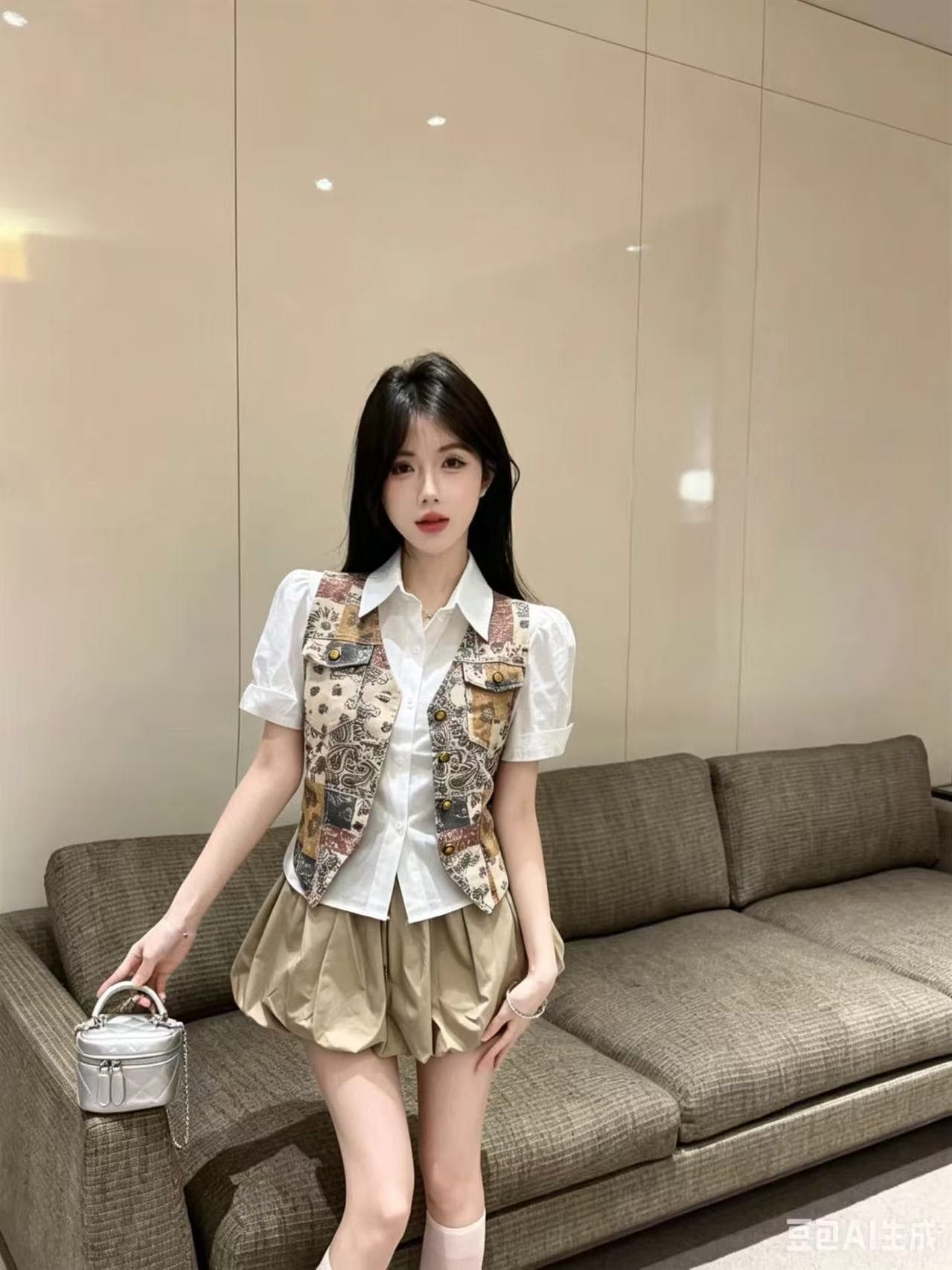 레트로 캐슈 꽃 베스트 흰 셔츠 꽃밭 미니 스커트 3종 세트 한 부서 달콤한 매운맛 허리 수축 슬림해 보이는 세트 여성 여름