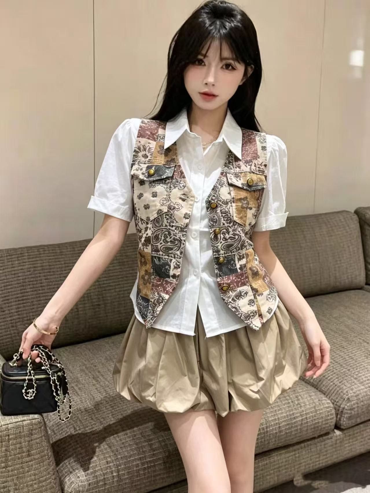 레트로 캐슈 꽃 베스트 흰 셔츠 꽃밭 미니 스커트 3종 세트 한 부서 달콤한 매운맛 허리 수축 슬림해 보이는 세트 여성 여름 이미지 4