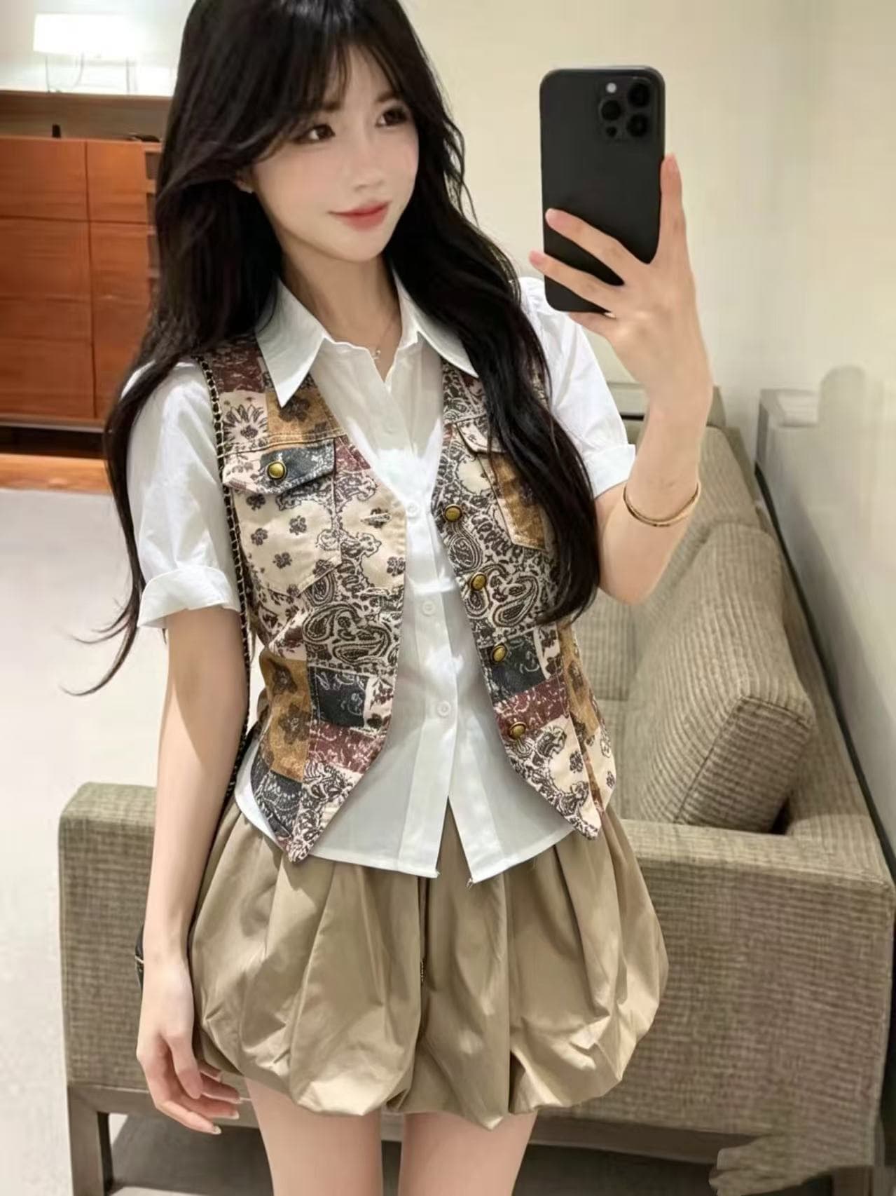 레트로 캐슈 꽃 베스트 흰 셔츠 꽃밭 미니 스커트 3종 세트 한 부서 달콤한 매운맛 허리 수축 슬림해 보이는 세트 여성 여름 상세 이미지 3