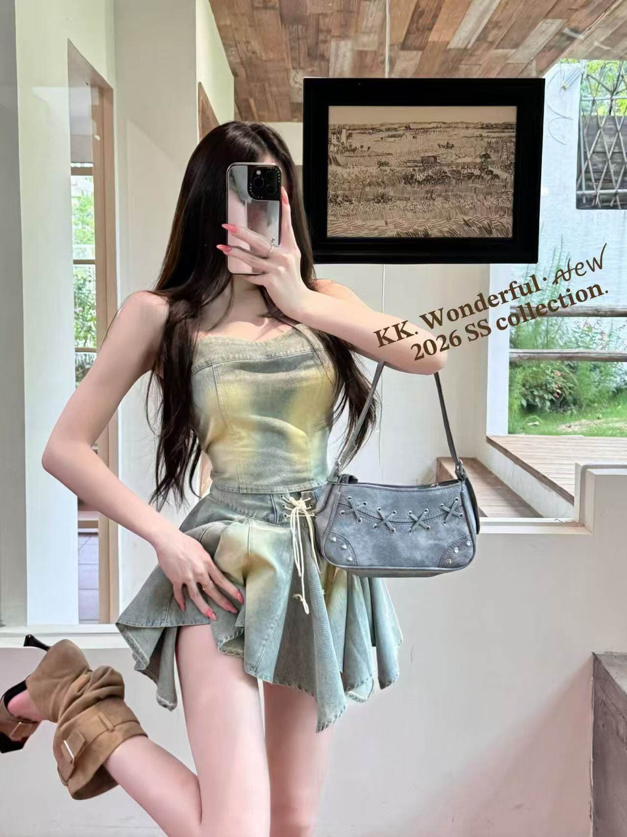 새로운 레트로 데님 튜브탑 세트 여성 허리 수축 스트랩 불규칙 미니 스커트 순수한 욕망 바람 핫걸 투피스 세트 이미지 2