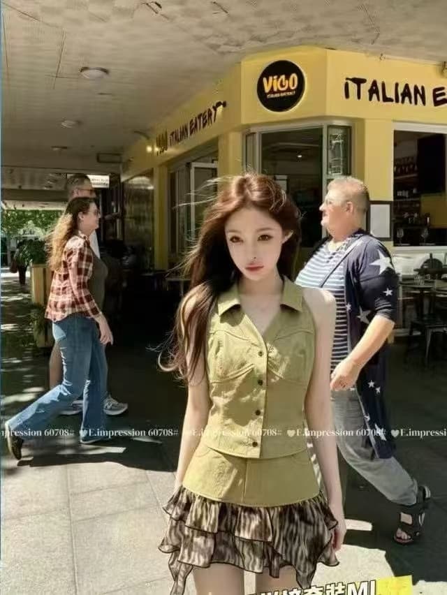 핫걸 행침 목 맨위 레오파드 무늬 불규칙 반신 치마 세트 여성 여름 새로운 아메리칸 레트로 슬림해 보이는 투피스 세트 상세 이미지 3