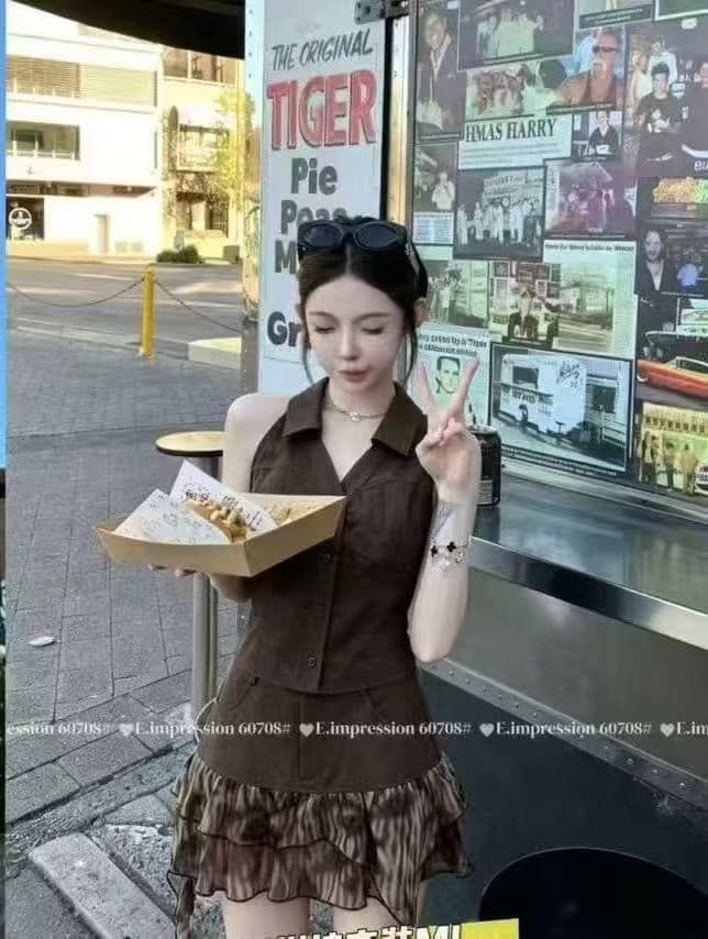 핫걸 행침 목 맨위 레오파드 무늬 불규칙 반신 치마 세트 여성 여름 새로운 아메리칸 레트로 슬림해 보이는 투피스 세트 상세 이미지 7