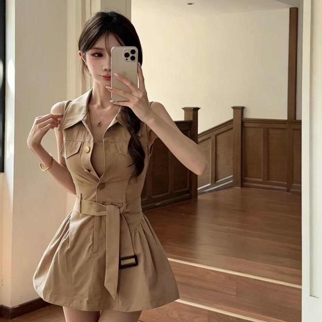 프랑스식 민소매 카키 색 워크웨어 드레스 아이들 여름 2026 새로운 아름다운 아니요 명중 섹션 허리 수축 조끼 스커트 이미지 4