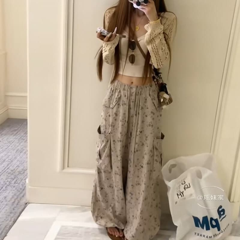 새로운 느긋한 느슨함 센스 꽃무늬 워크웨어 와이드 레깅스 바지 얇은 스타일 홀로우 아웃 오픈 가디건 쇼트 스타일 슬립 슬림해 보이는 3종 세트 이미지 4