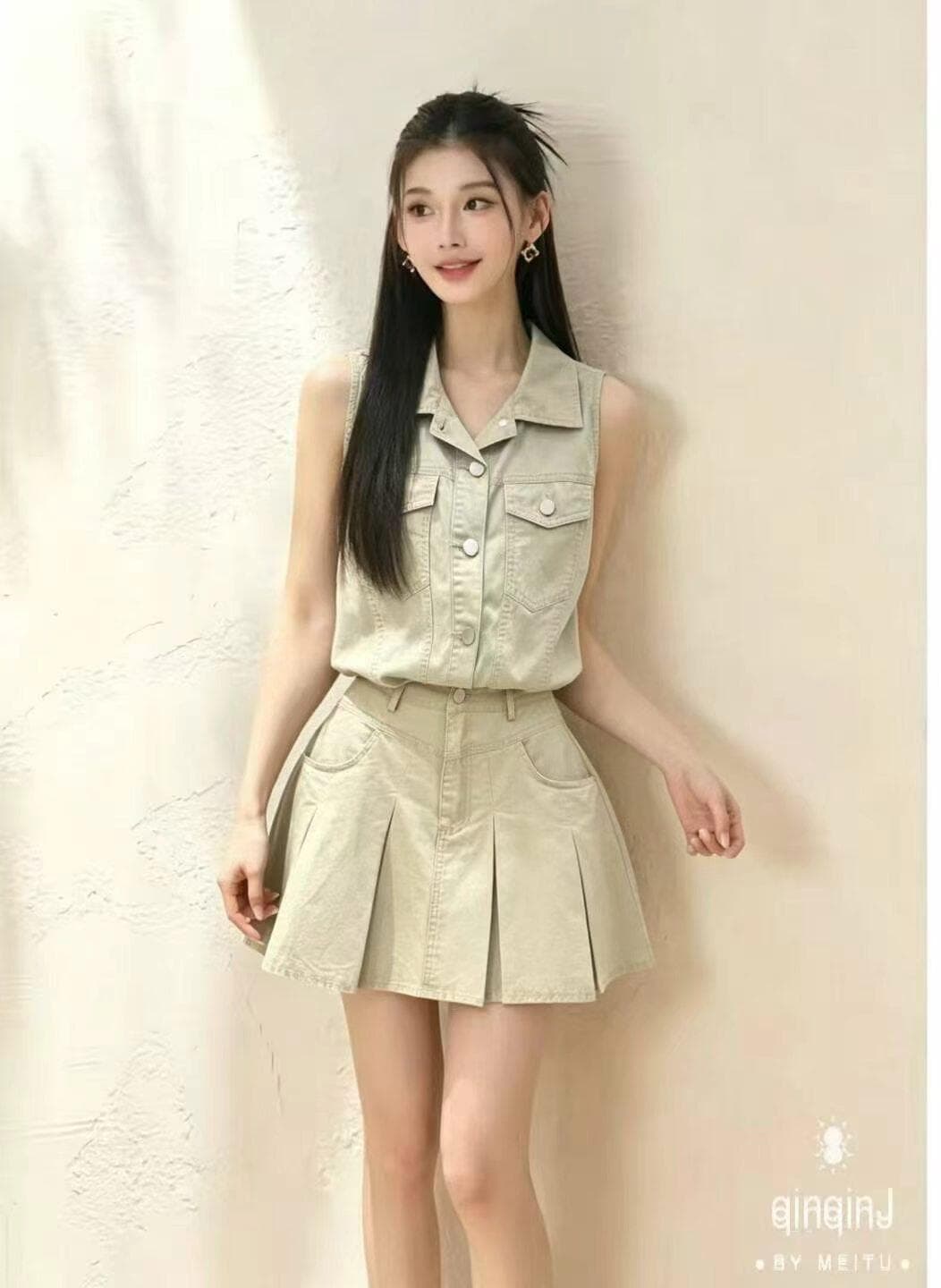 달콤한 차가운 바람 데님 워크웨어 두 조각 여성 세트 여름 민소매 폴로 칼라 베스트 하이웨이스트 플리츠 미니 스커트 핫걸 세트