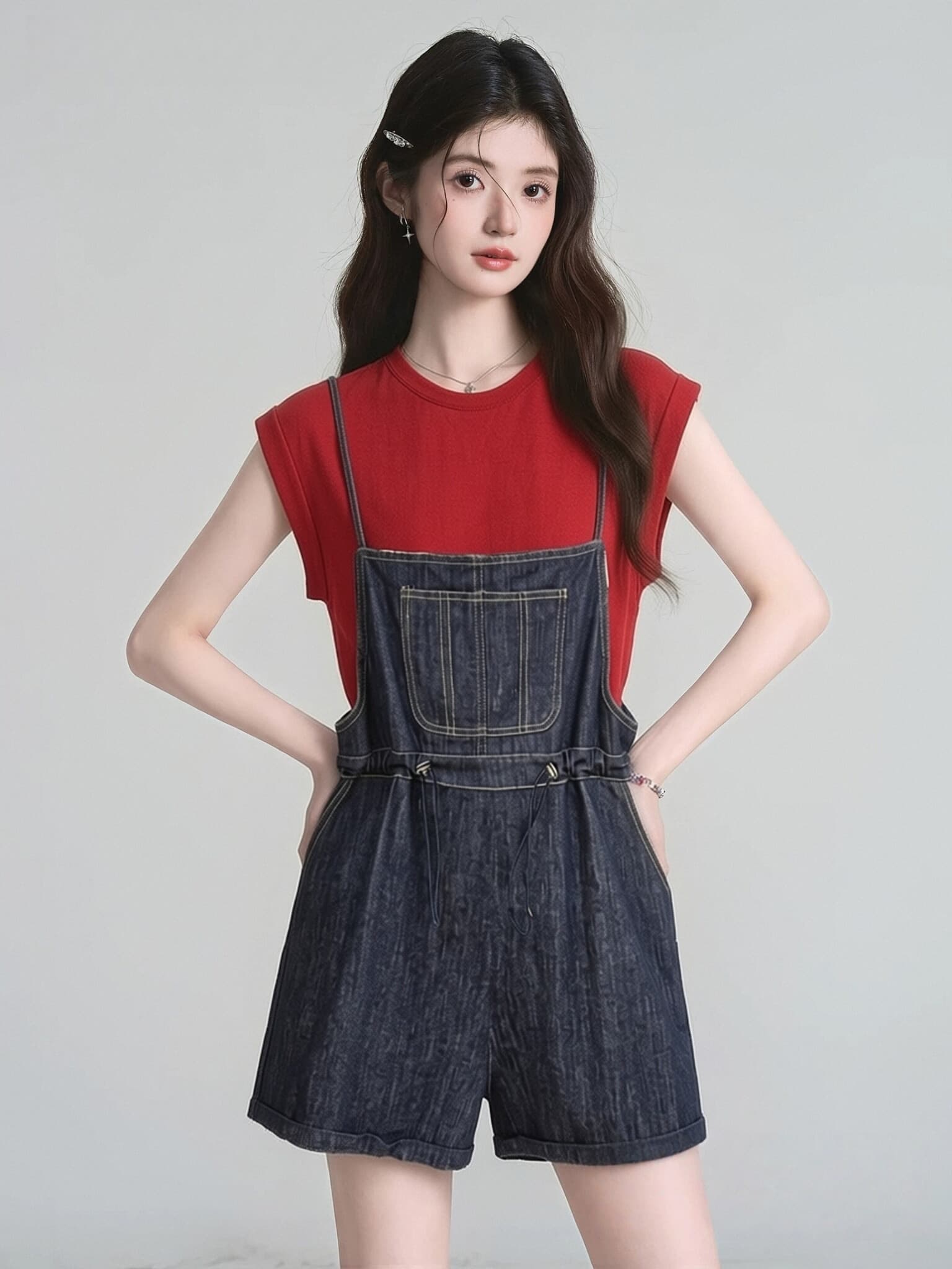 여름 새로운 작은 키 외국 가스 빨간색 반팔 티셔츠 맨위 데님 멜빵 바지 반바지 연령 감소 착용 가져 가라. 세트 상세 이미지 1