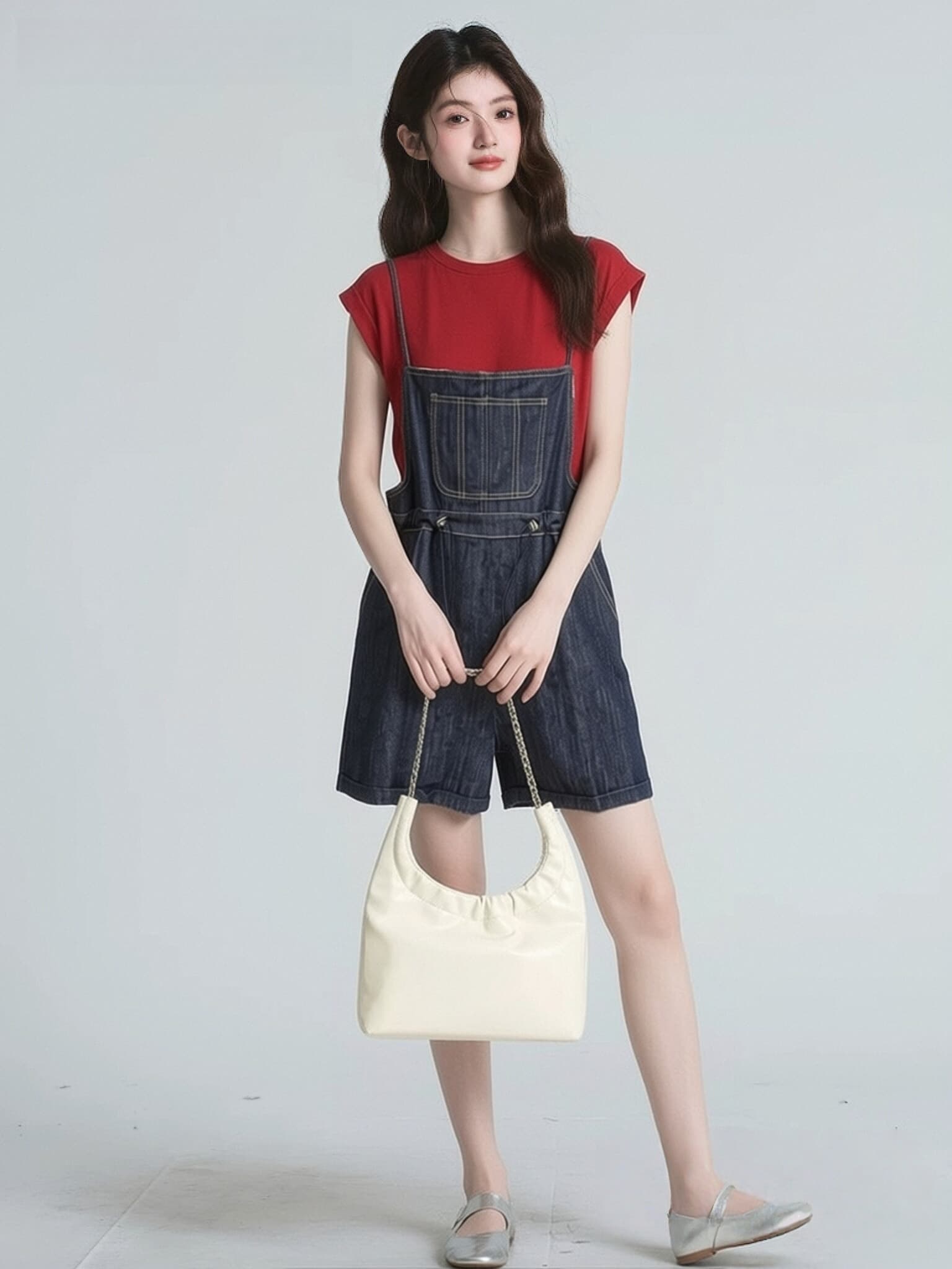 여름 새로운 작은 키 외국 가스 빨간색 반팔 티셔츠 맨위 데님 멜빵 바지 반바지 연령 감소 착용 가져 가라. 세트 상세 이미지 4