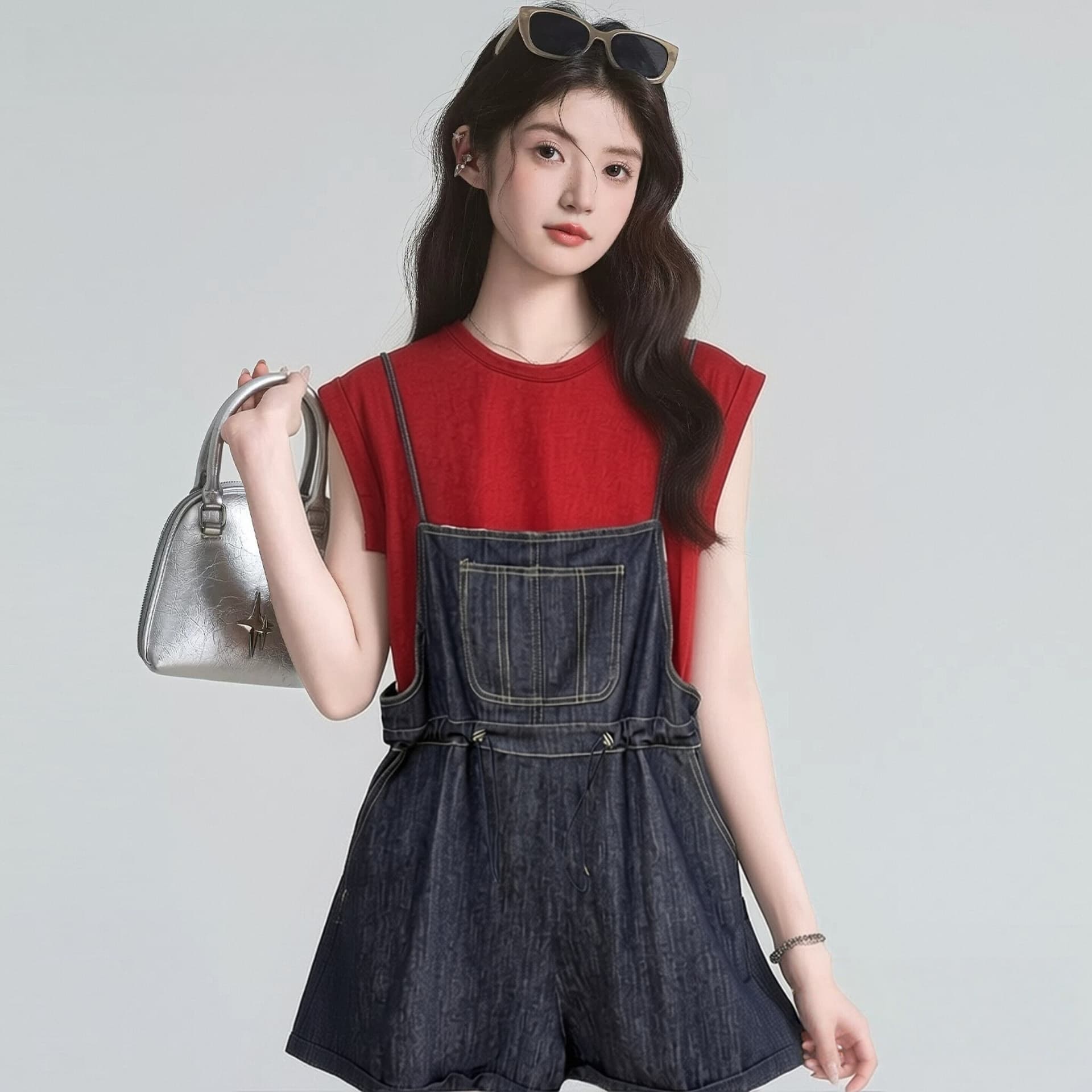 여름 새로운 작은 키 외국 가스 빨간색 반팔 티셔츠 맨위 데님 멜빵 바지 반바지 연령 감소 착용 가져 가라. 세트 상세 이미지 5