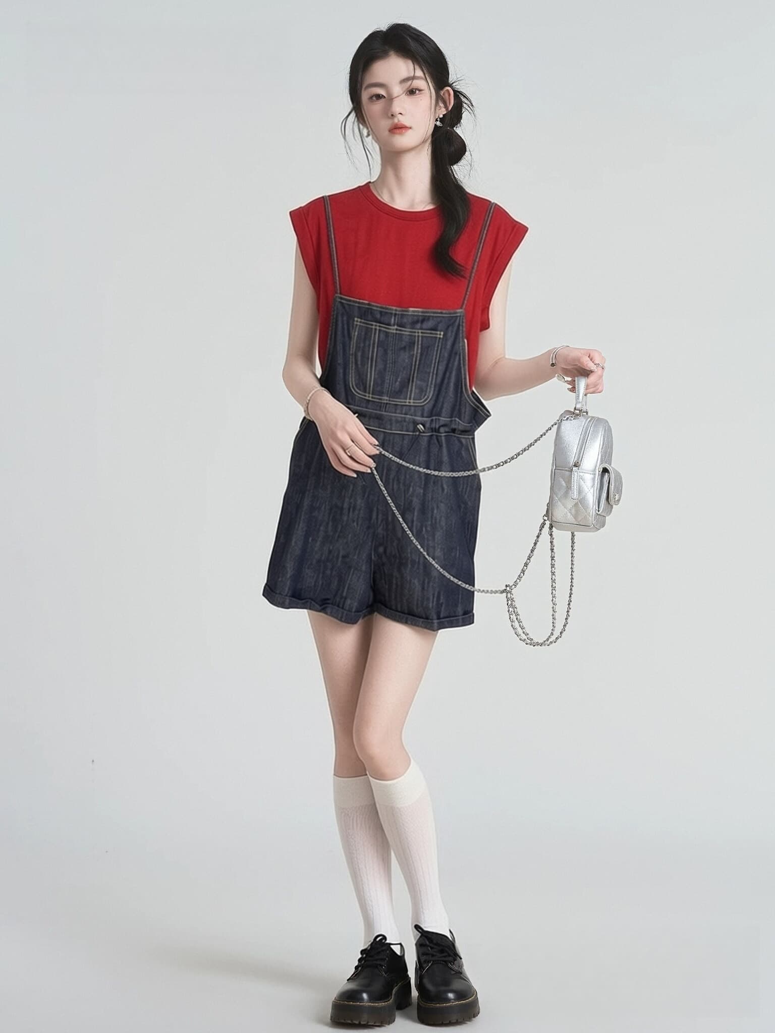 여름 새로운 작은 키 외국 가스 빨간색 반팔 티셔츠 맨위 데님 멜빵 바지 반바지 연령 감소 착용 가져 가라. 세트 상세 이미지 8