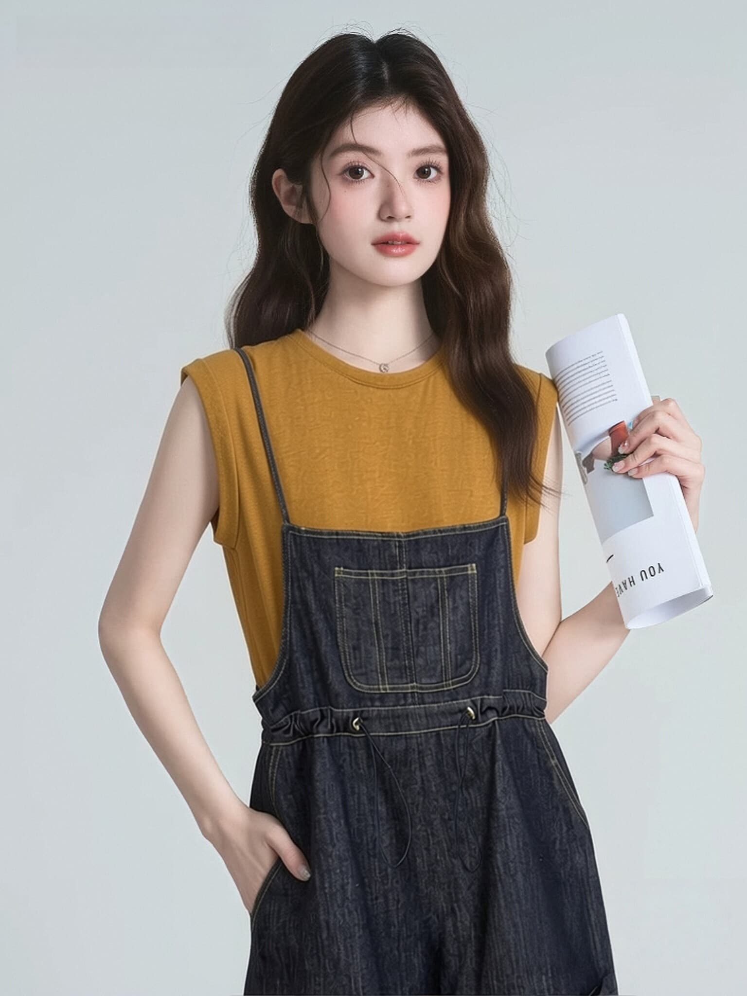 여름 새로운 작은 키 외국 가스 빨간색 반팔 티셔츠 맨위 데님 멜빵 바지 반바지 연령 감소 착용 가져 가라. 세트 상세 이미지 11