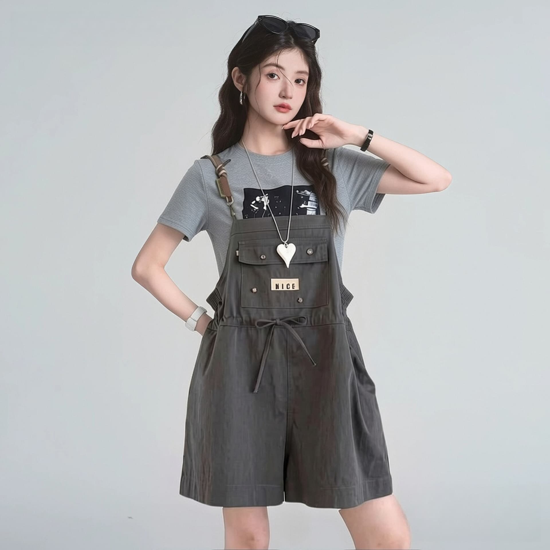 아메리칸 레트로 막대기 가방 루즈핏 멜빵 반바지 여성 여름 새로운 디자인 센스 스트레이트 슬림해 보이는 바지 이미지 2