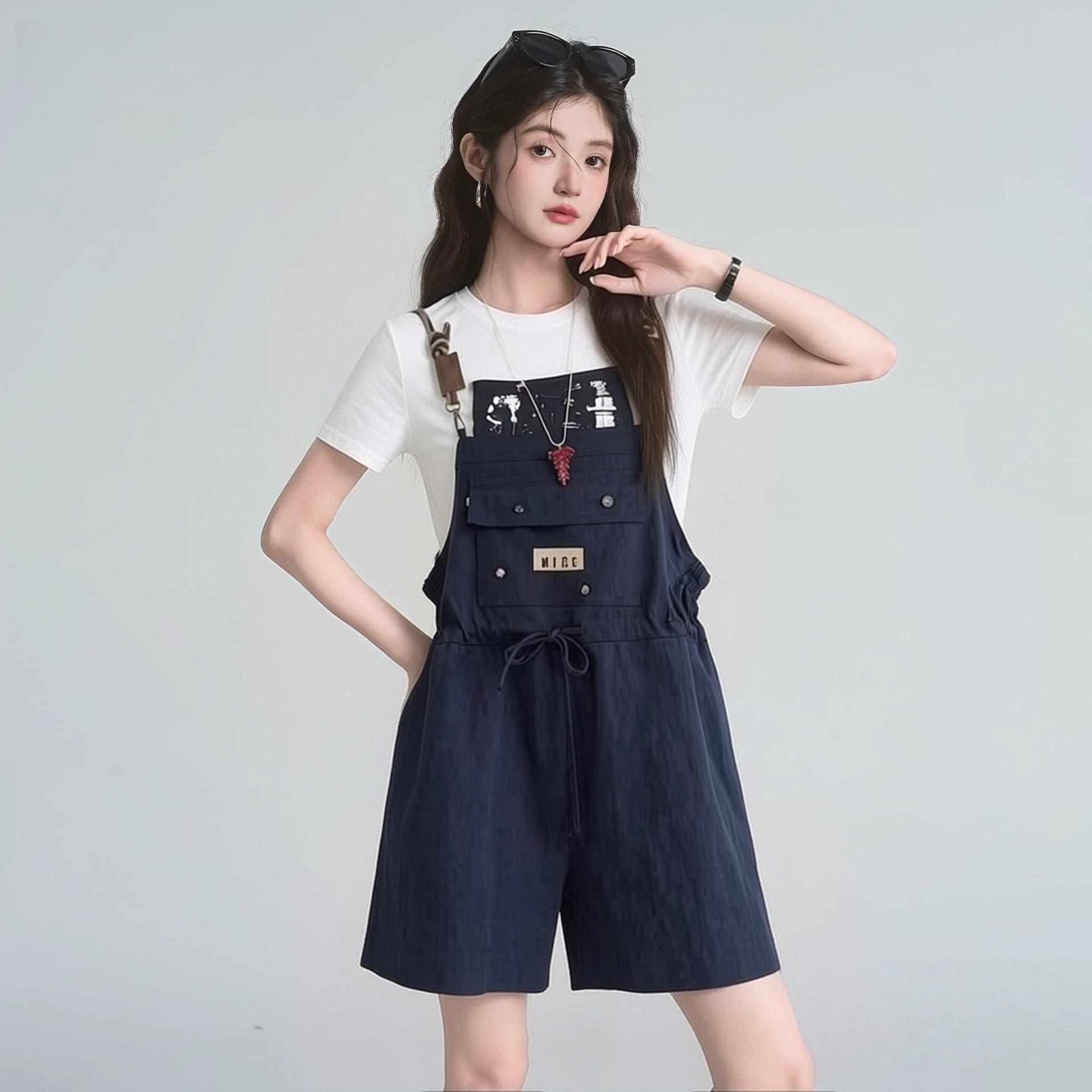 아메리칸 레트로 막대기 가방 루즈핏 멜빵 반바지 여성 여름 새로운 디자인 센스 스트레이트 슬림해 보이는 바지 상세 이미지 4