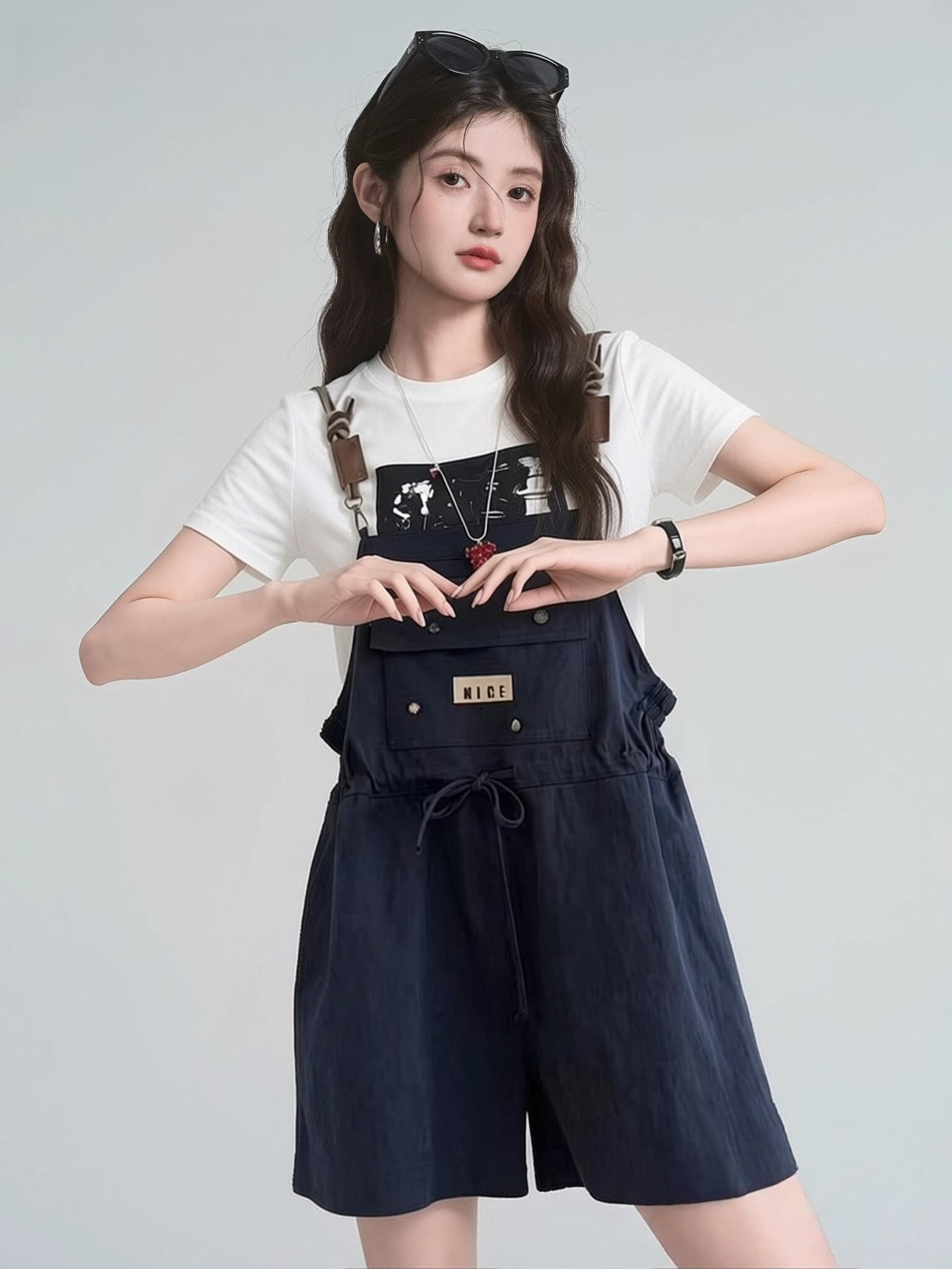아메리칸 레트로 막대기 가방 루즈핏 멜빵 반바지 여성 여름 새로운 디자인 센스 스트레이트 슬림해 보이는 바지 상세 이미지 7