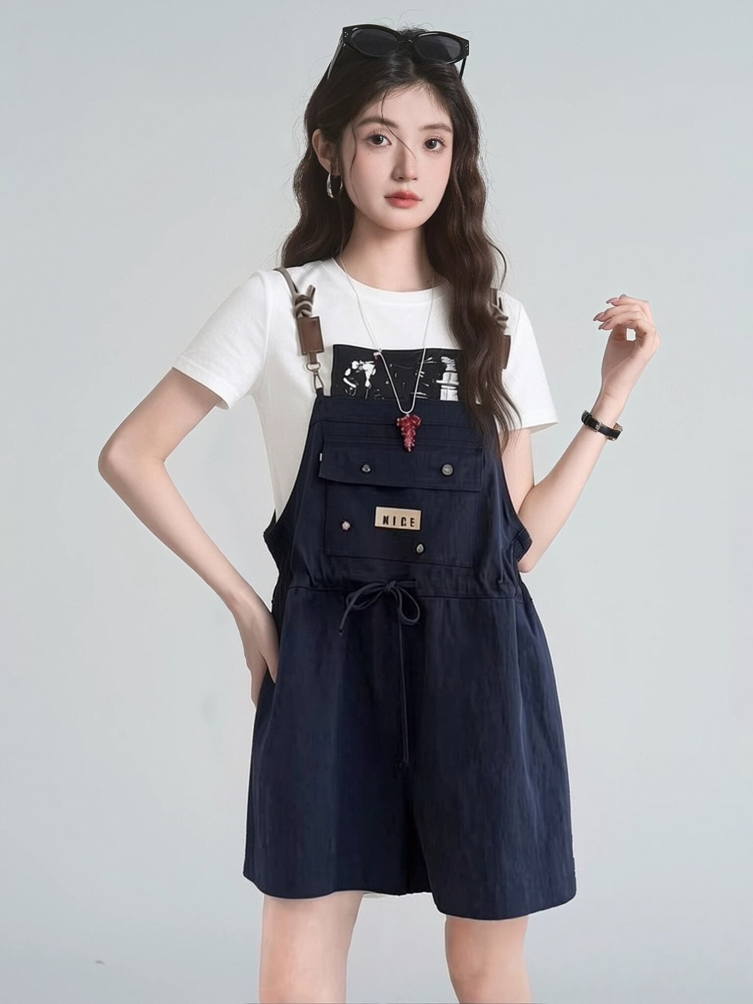 아메리칸 레트로 막대기 가방 루즈핏 멜빵 반바지 여성 여름 새로운 디자인 센스 스트레이트 슬림해 보이는 바지 상세 이미지 8