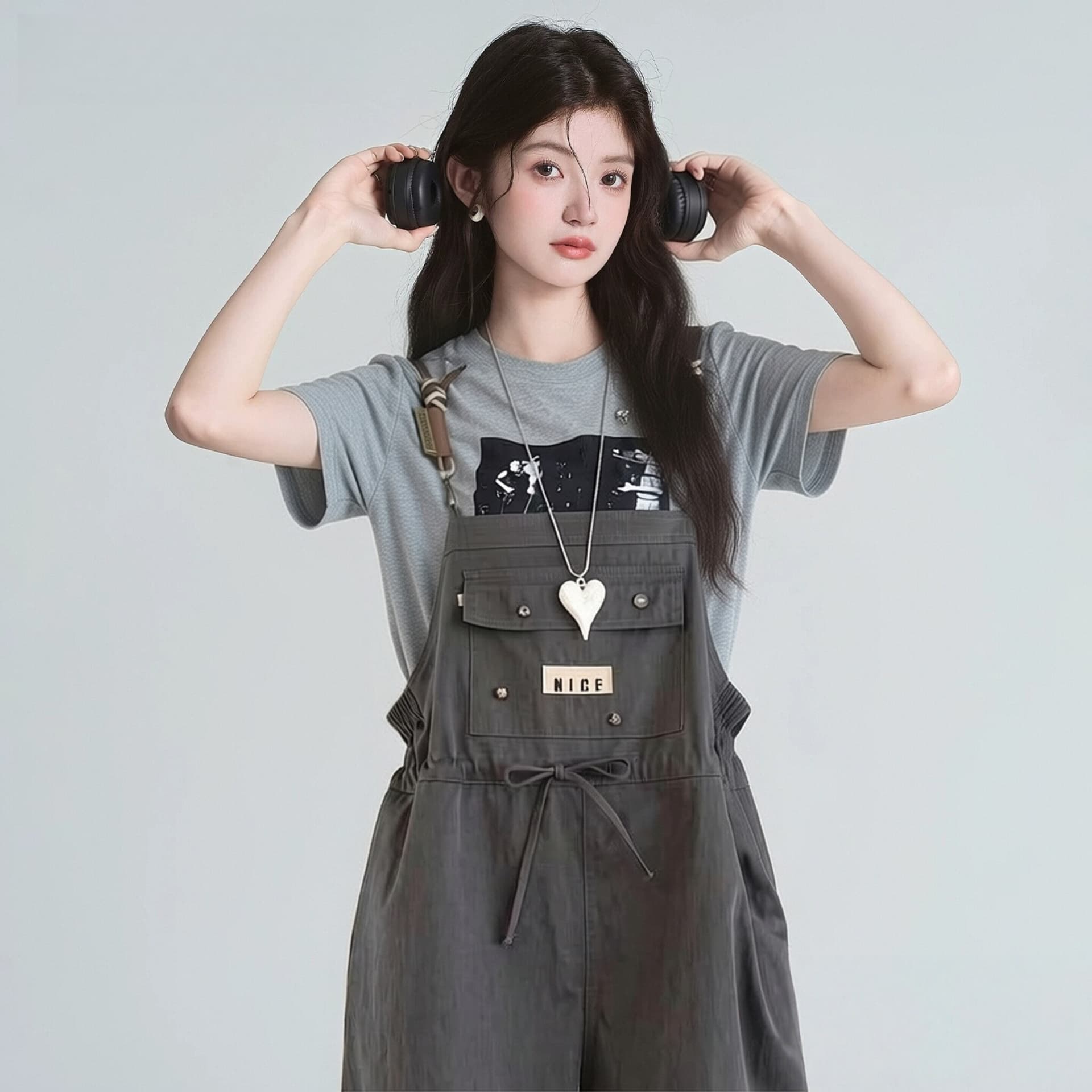 아메리칸 레트로 막대기 가방 루즈핏 멜빵 반바지 여성 여름 새로운 디자인 센스 스트레이트 슬림해 보이는 바지 상세 이미지 9