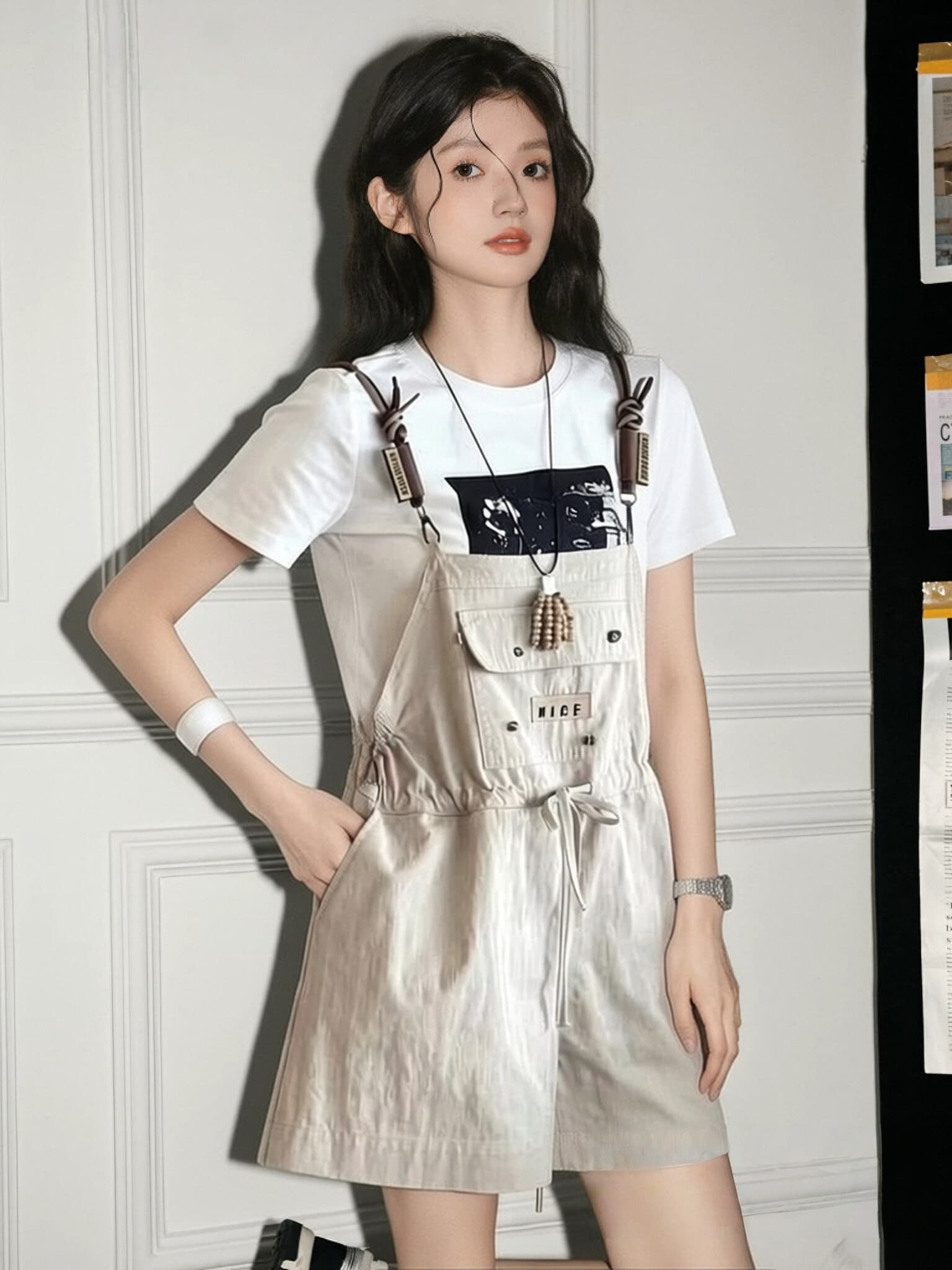 아메리칸 레트로 막대기 가방 루즈핏 멜빵 반바지 여성 여름 새로운 디자인 센스 스트레이트 슬림해 보이는 바지 상세 이미지 16