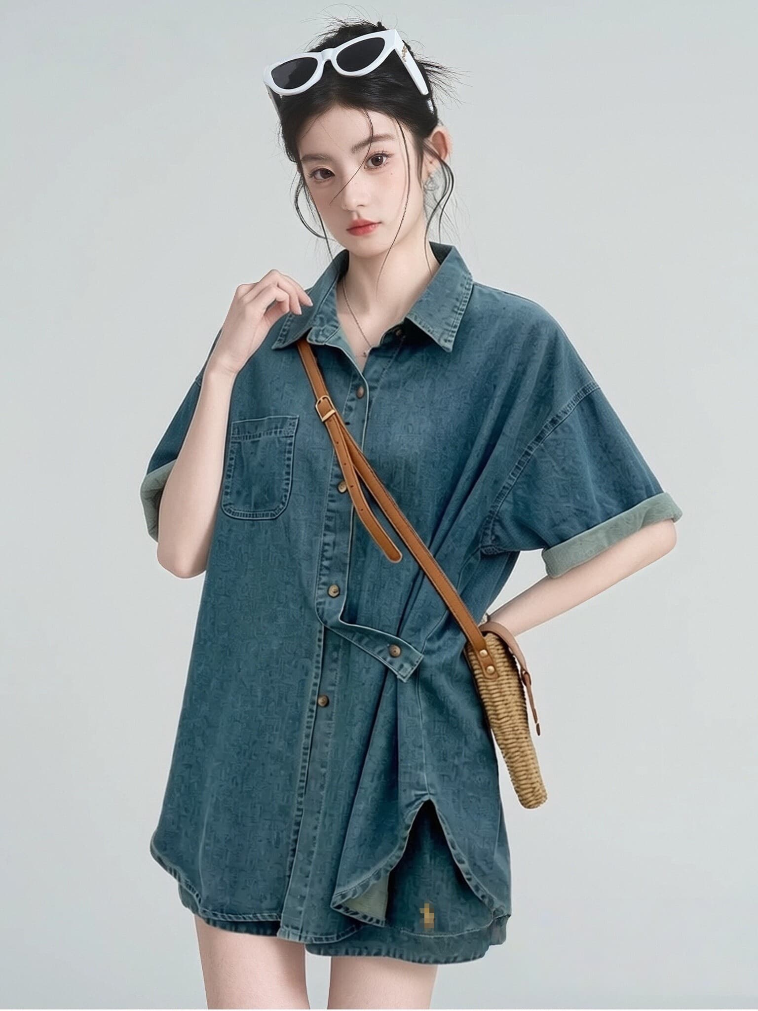 다시 a 다시 바람의 소리 데님 세트 바지 여성 여름 얇은 스타일 chic 고급 센스 차가운 바람의 소리 던져 자매 반바지 루즈핏 투피스 세트 상세 이미지 2