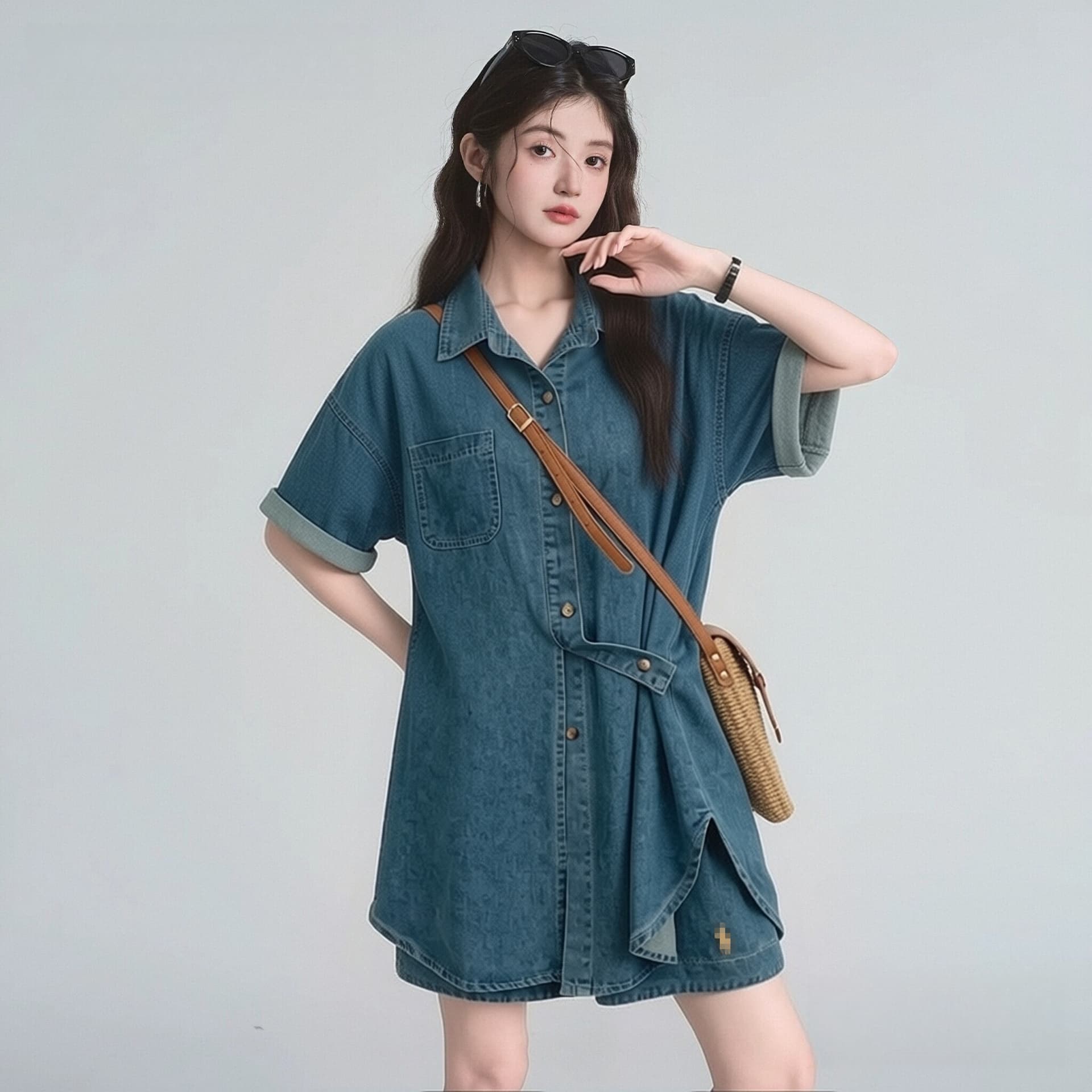다시 a 다시 바람의 소리 데님 세트 바지 여성 여름 얇은 스타일 chic 고급 센스 차가운 바람의 소리 던져 자매 반바지 루즈핏 투피스 세트 상세 이미지 7
