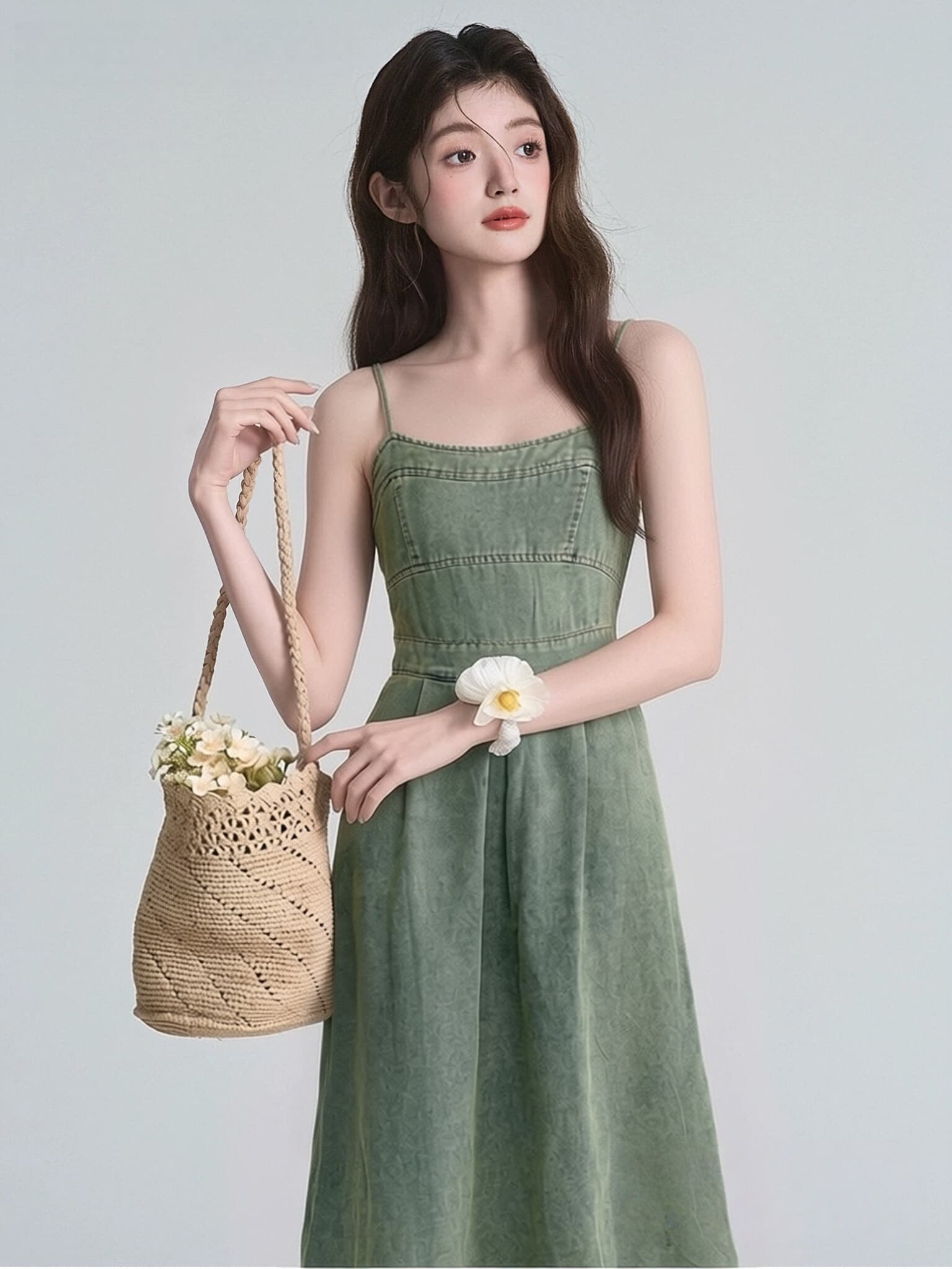 레트로 데님 슬립 여성 드레스 여름 허리 수축 슬림해 보이는 한 마디 큰 진자 부드러운 품격 롱 코트 치마 이미지 2