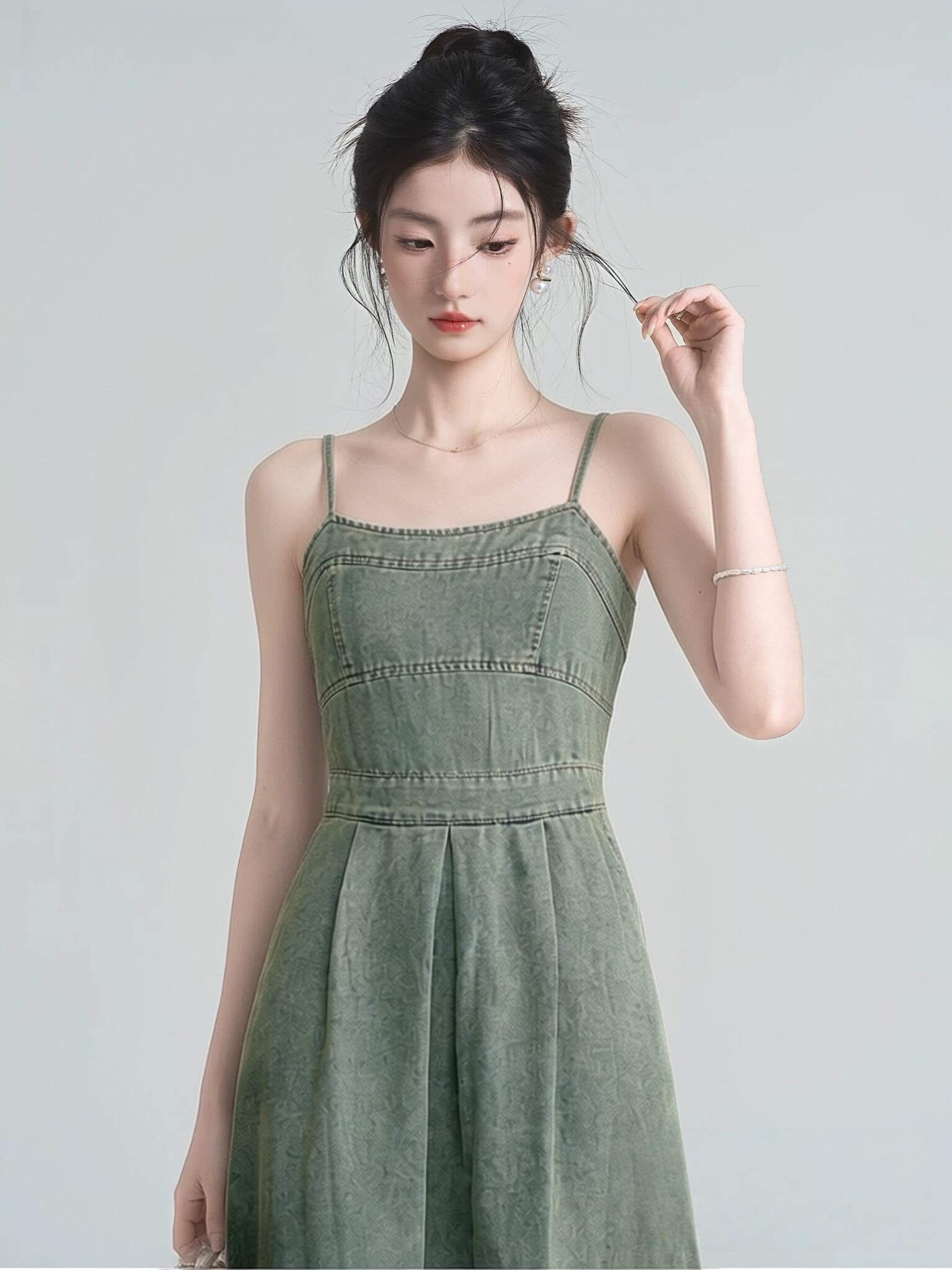레트로 데님 슬립 여성 드레스 여름 허리 수축 슬림해 보이는 한 마디 큰 진자 부드러운 품격 롱 코트 치마 상세 이미지 7
