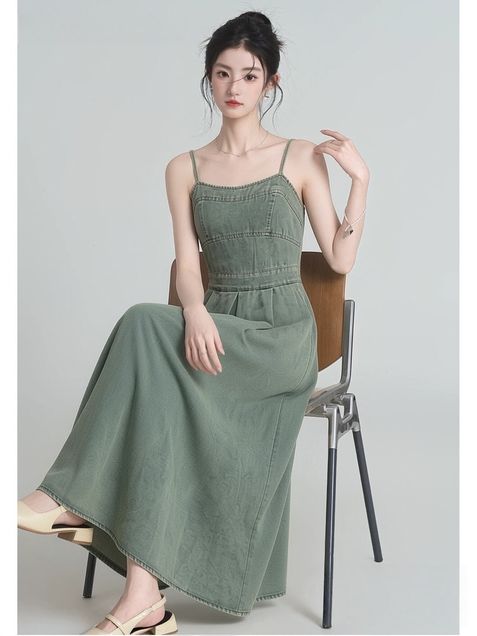 레트로 데님 슬립 여성 드레스 여름 허리 수축 슬림해 보이는 한 마디 큰 진자 부드러운 품격 롱 코트 치마 상세 이미지 9