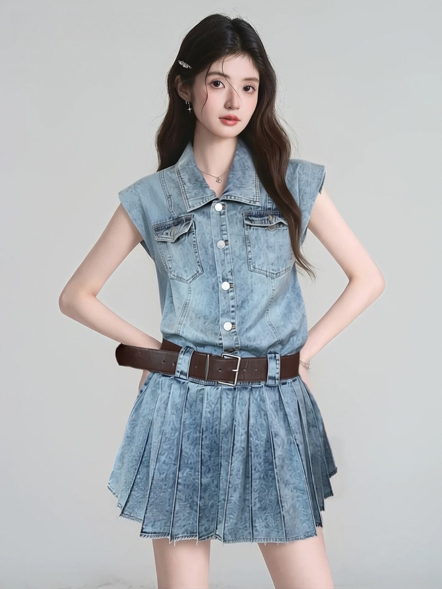 민소매 데님 여성 드레스 2026 여름 새로운 폴로 칼라 싱글 줄 버튼 플리츠 스커트 인기 싱글 제품 쇼트 스타일 치마 상세 이미지 3