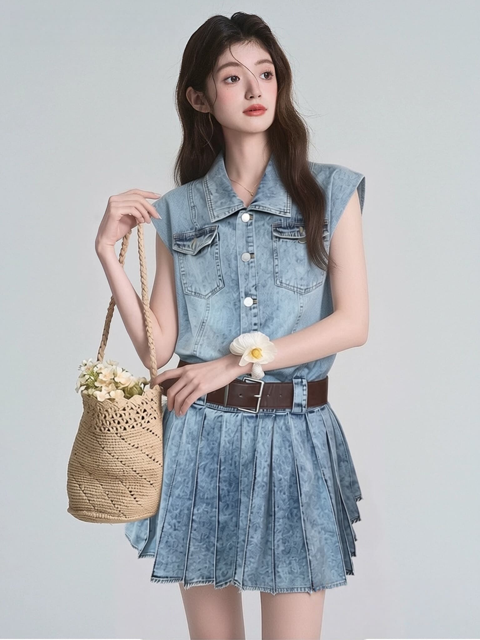 민소매 데님 여성 드레스 2026 여름 새로운 폴로 칼라 싱글 줄 버튼 플리츠 스커트 인기 싱글 제품 쇼트 스타일 치마 상세 이미지 9