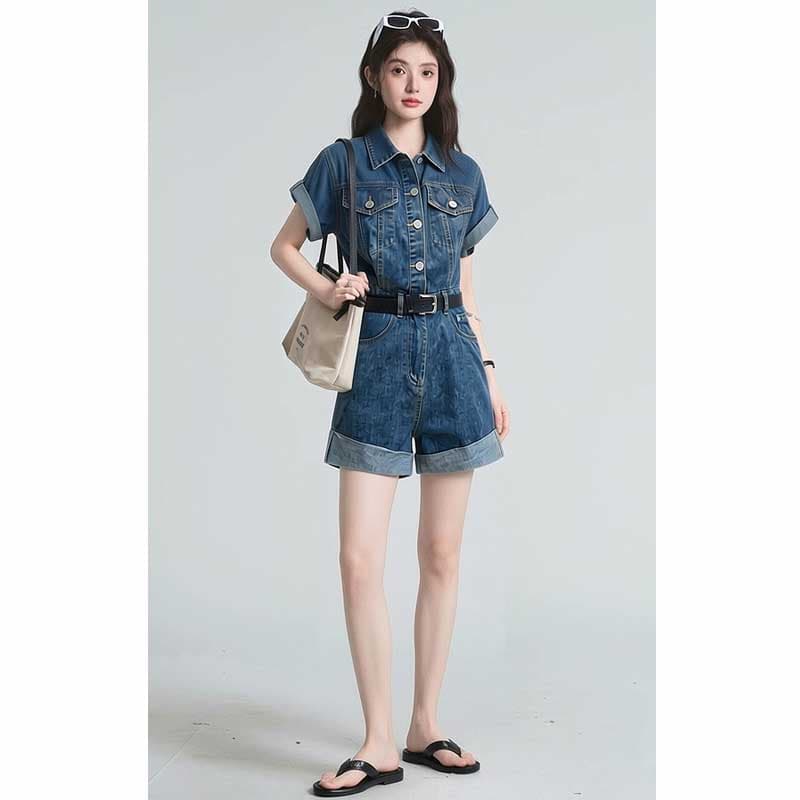 레트로 데님 점프 슈트 반바지 여름 허리 수축 품격 워크웨어 올인원 세트 원피스 점프 슈트 바지 이미지 5