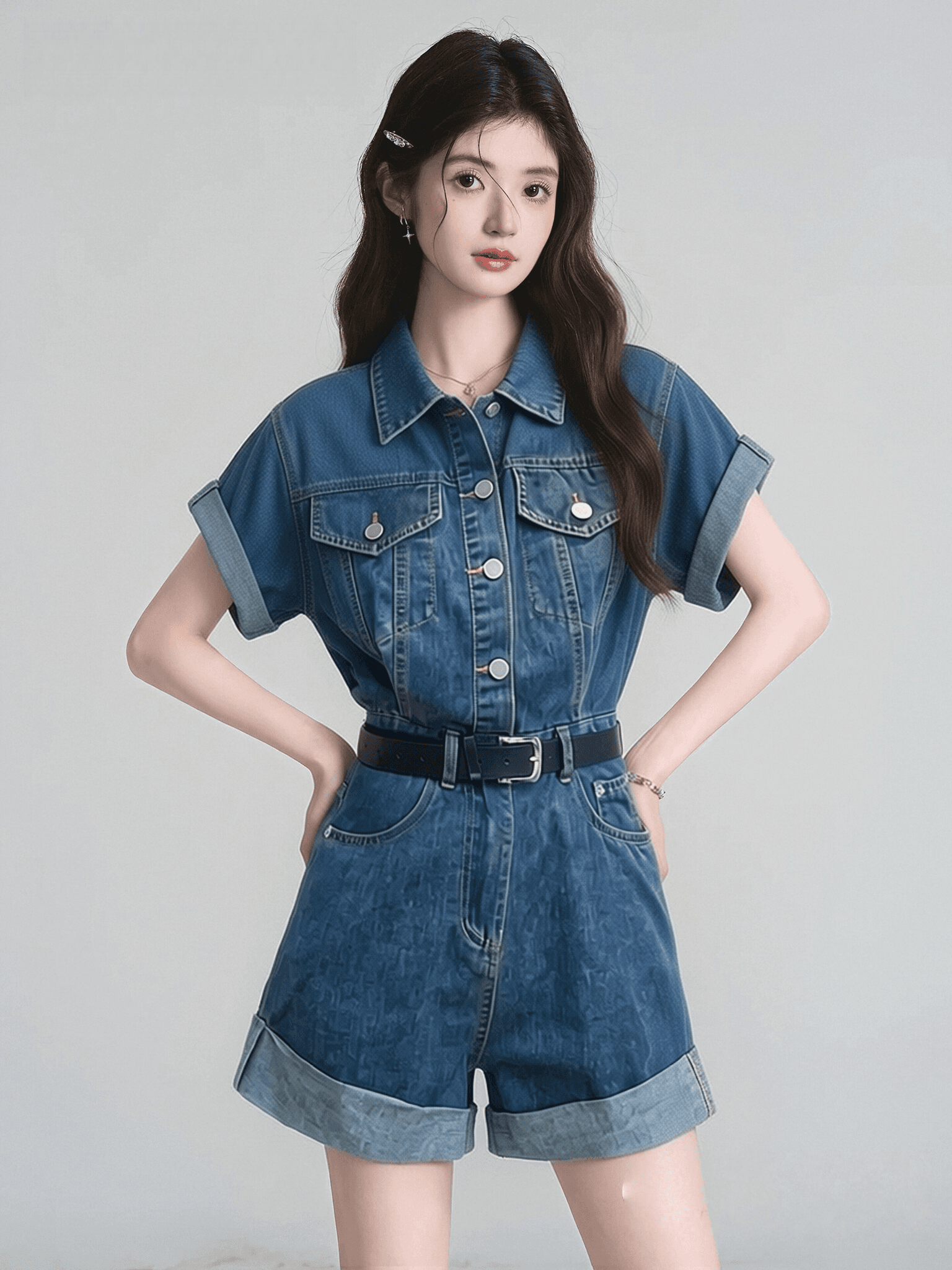 레트로 데님 점프 슈트 반바지 여름 허리 수축 품격 워크웨어 올인원 세트 원피스 점프 슈트 바지 상세 이미지 1